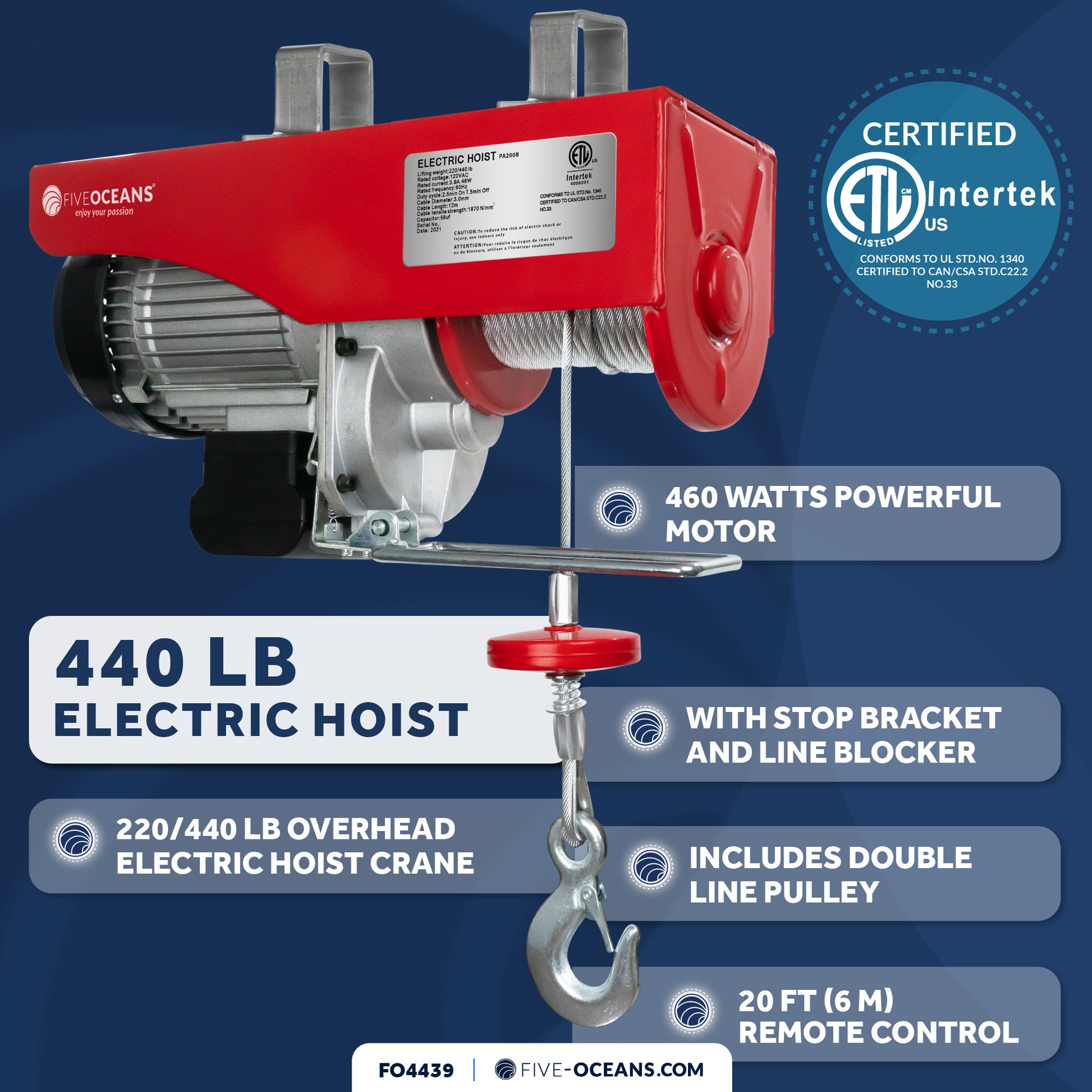440 Lb.  Electric Hoist with 20Ft Cable Control, 120V AC - FO4439 - Five Oceans