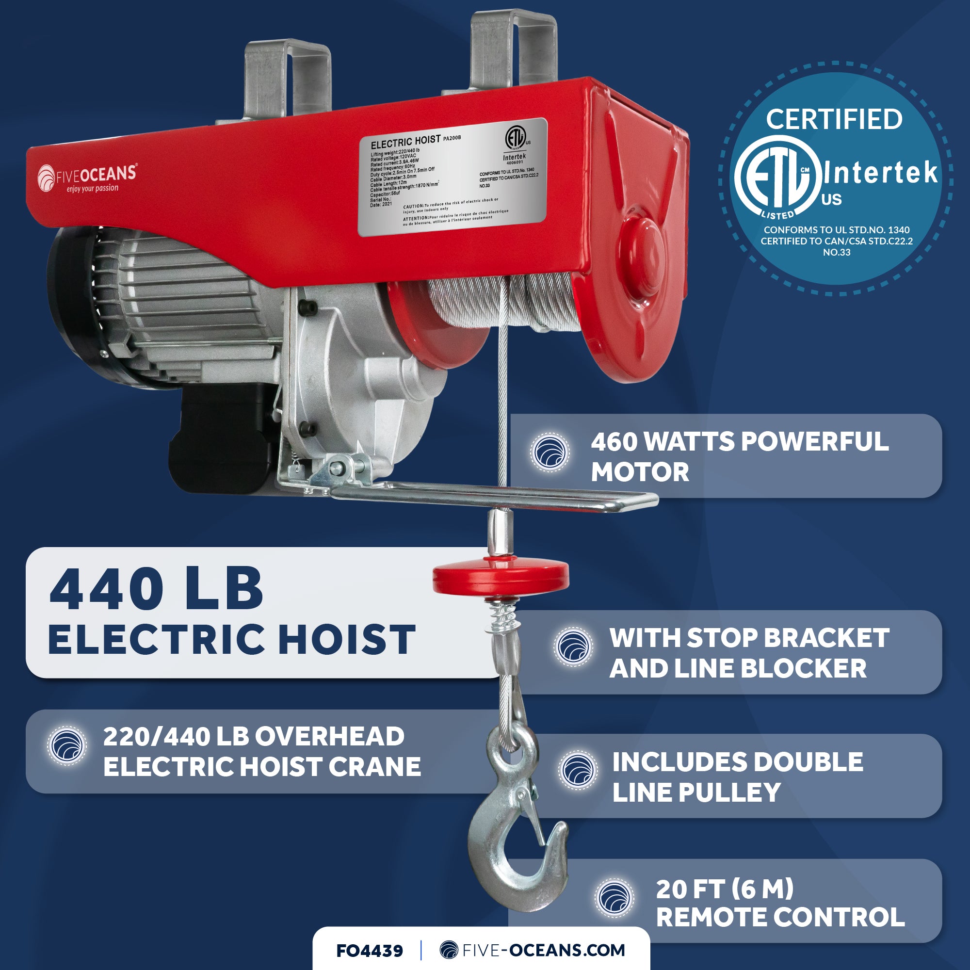 440 Lb.  Electric Hoist with 20Ft Cable Control, 120V AC - FO4439