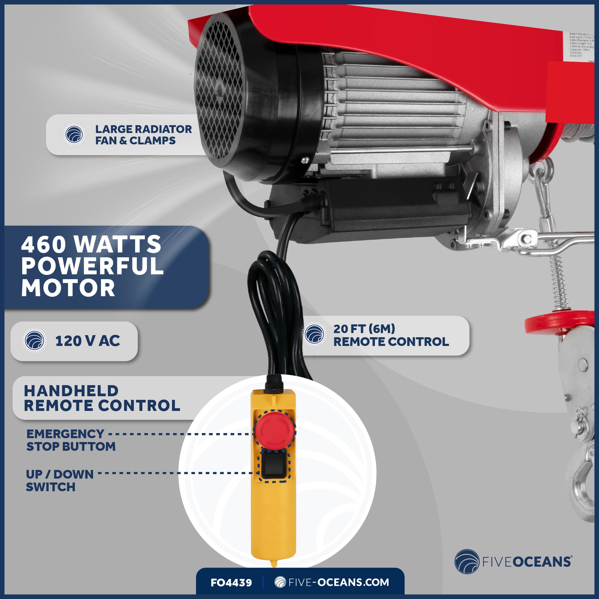 440 Lb.  Electric Hoist with 20Ft Cable Control, 120V AC - FO4439 - Five Oceans