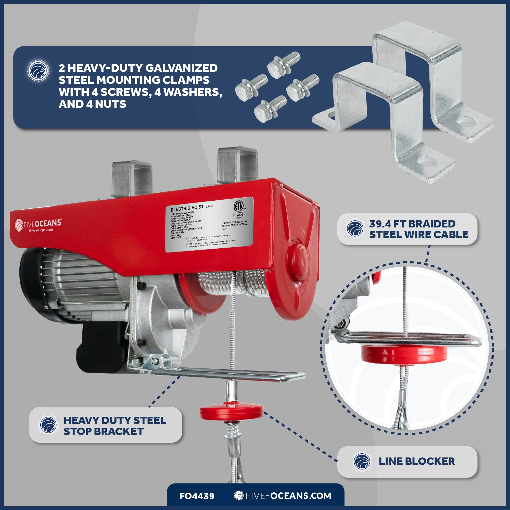 440 Lb.  Electric Hoist with 20Ft Cable Control, 120V AC - FO4439 - Five Oceans