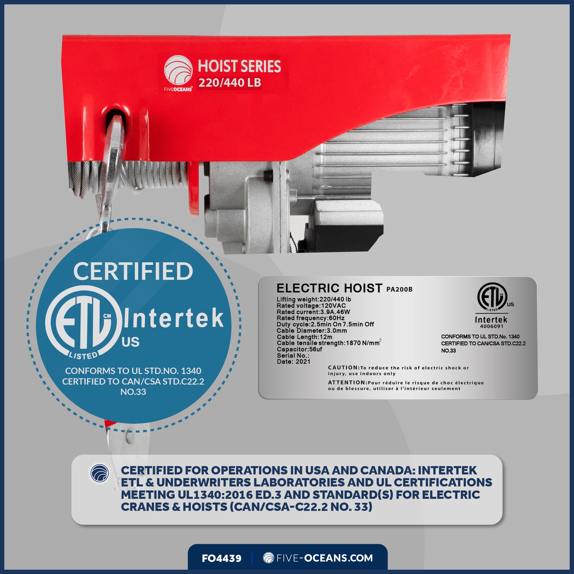 440 Lb.  Electric Hoist with 20Ft Cable Control, 120V AC - FO4439 - Five Oceans