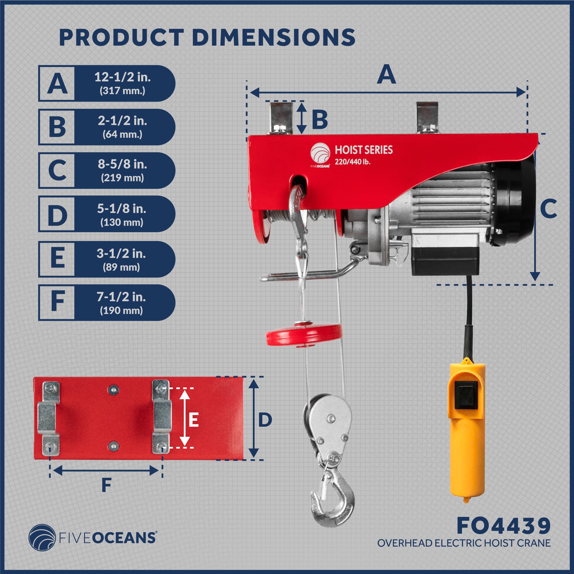Electric Hoist, 440 Lb Winch, 20FT Remote Control 120 Volts - FO4439 - Five Oceans