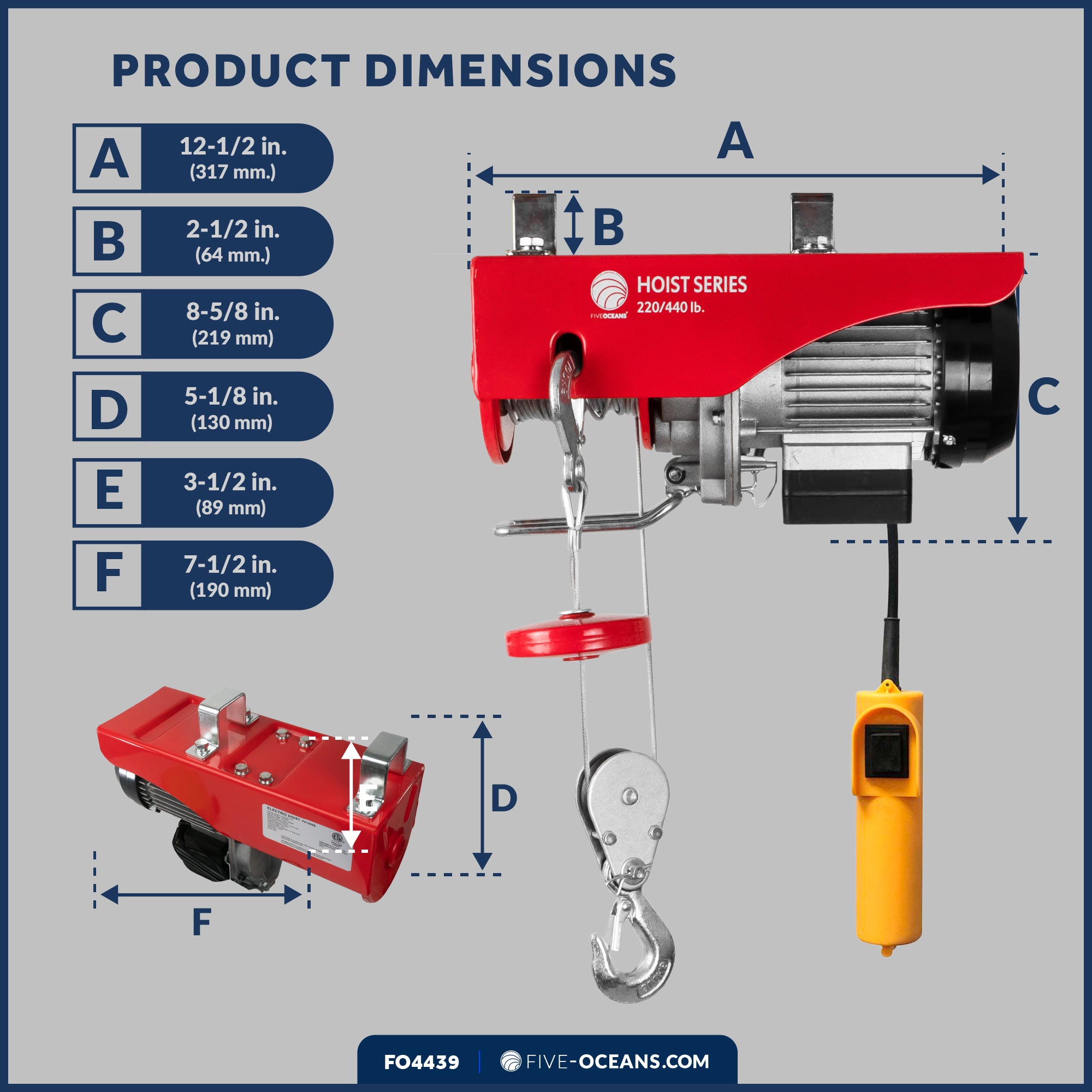 440 Lb.  Electric Hoist with 20Ft Cable Control, 120V AC - FO4439 - Five Oceans