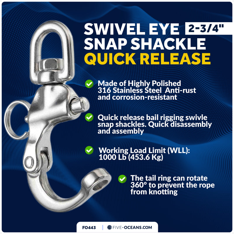 2-3/4" Pin Release Snap Shackle with Swivel Eye, AISI316 Stainless Steel - FO443 - Five Oceans