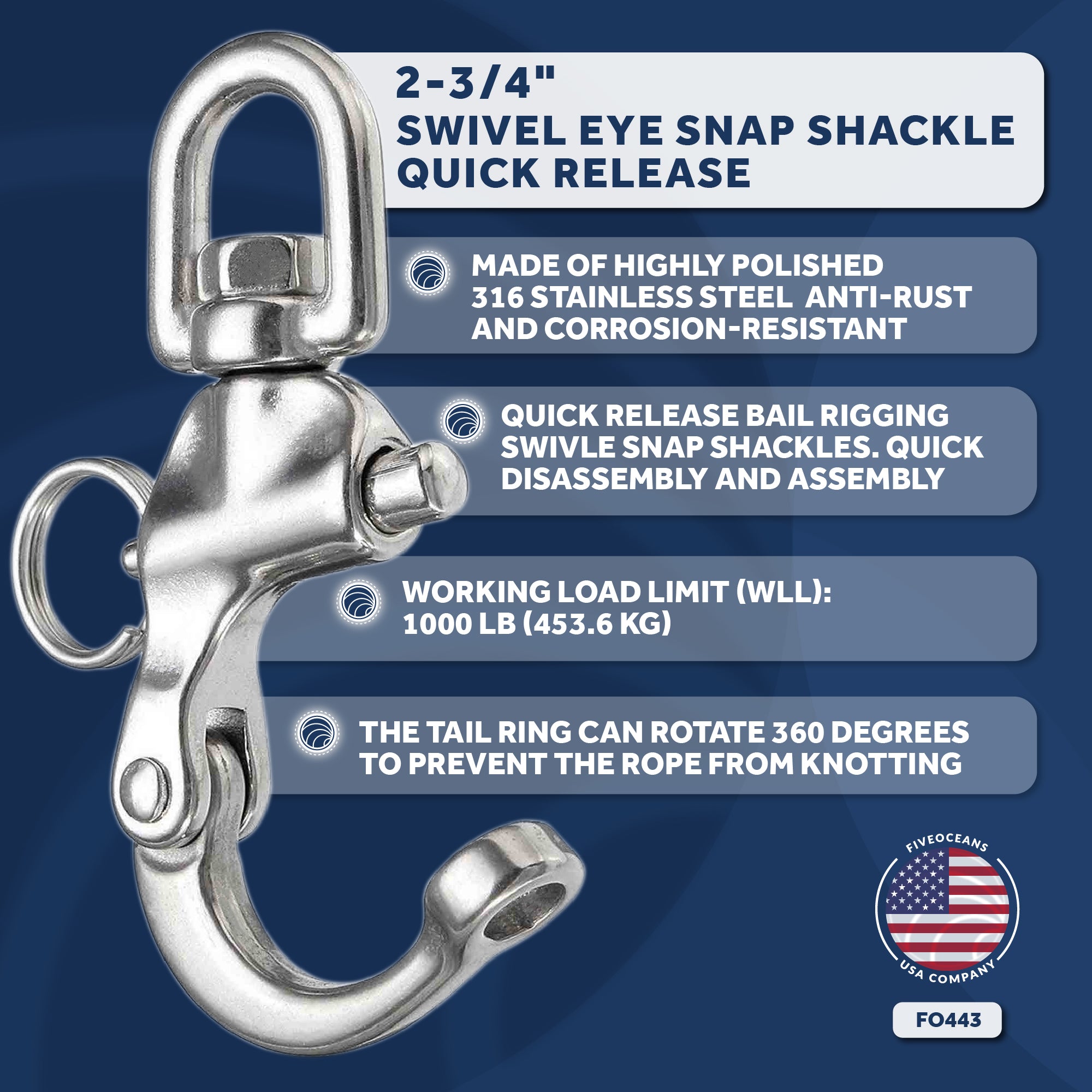 Swivel Eye Snap Shackle Quick Release Bail Rigging, 2 3/4" Stainless Steel - FO443 - Five Oceans
