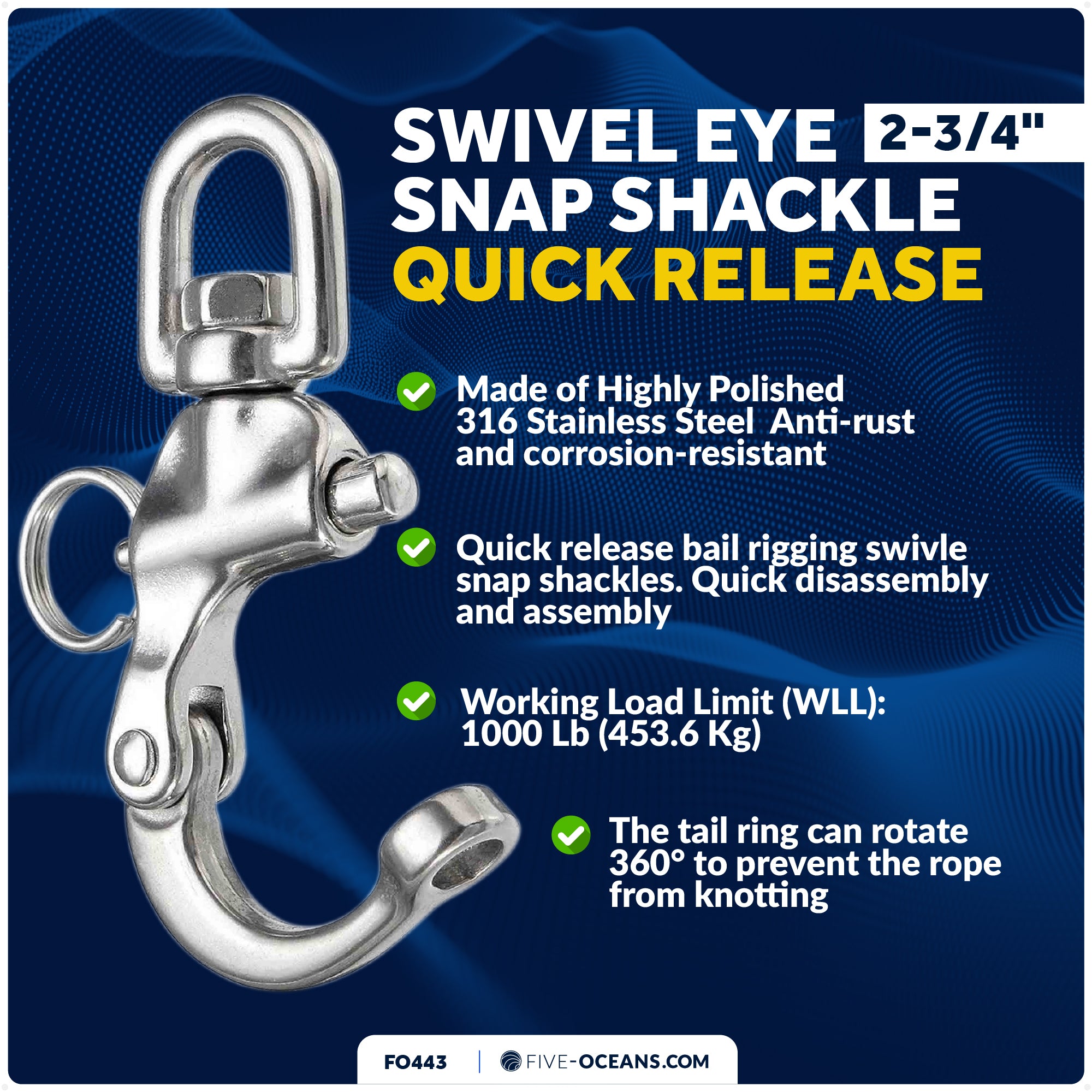 2-3/4" Pin Release Snap Shackle with Swivel Eye, AISI316 Stainless Steel - FO443