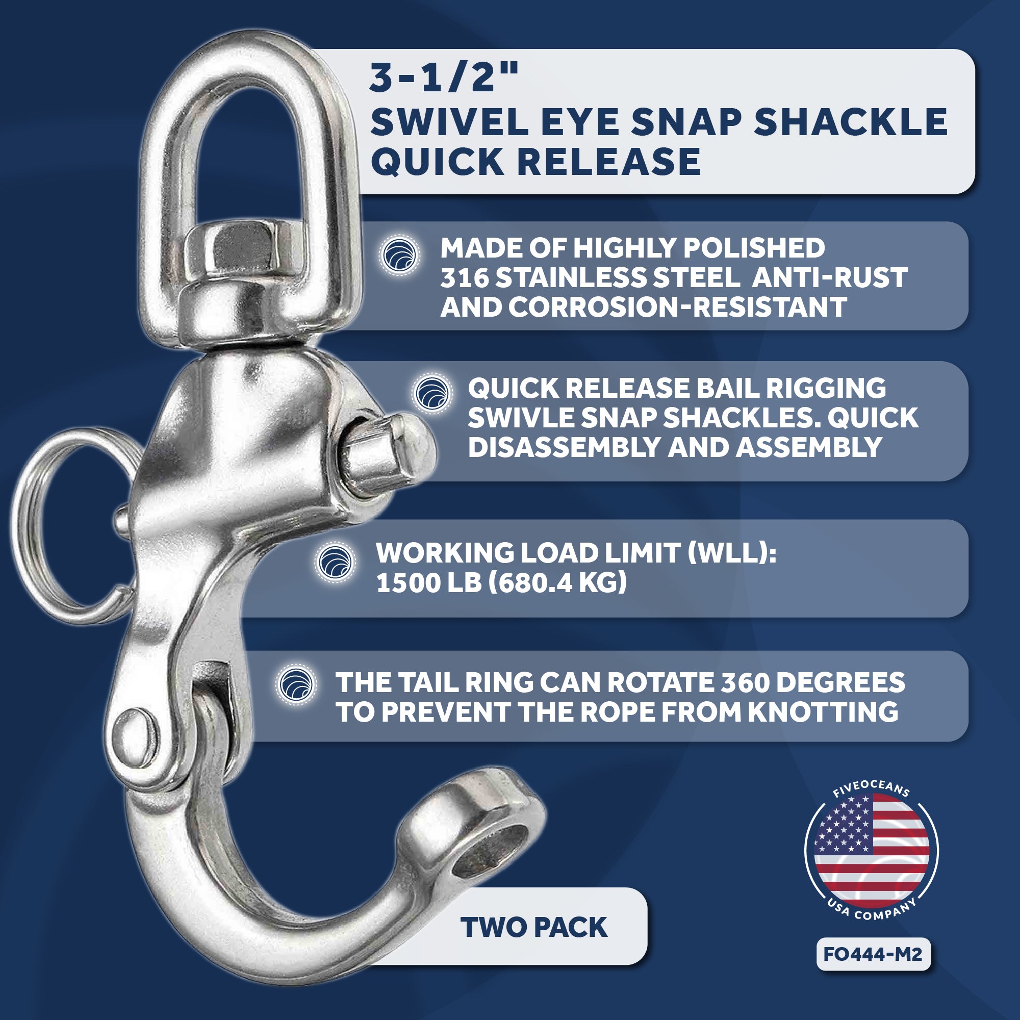 Swivel Eye Snap Shackle Quick Release Bail Rigging, 3 1/2" Stainless Steel 2-Pack - FO444-M2 - Five Oceans
