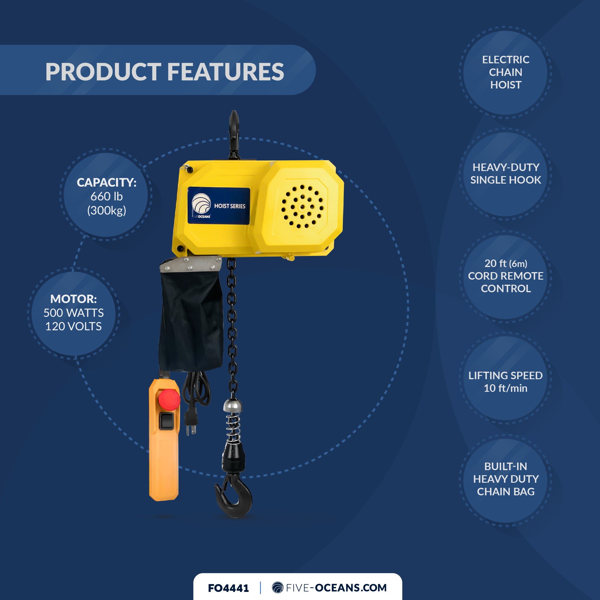 660Lb / 300Kg Electric Chain Hoist with 20Ft Cable Control, 120V AC - FO4441