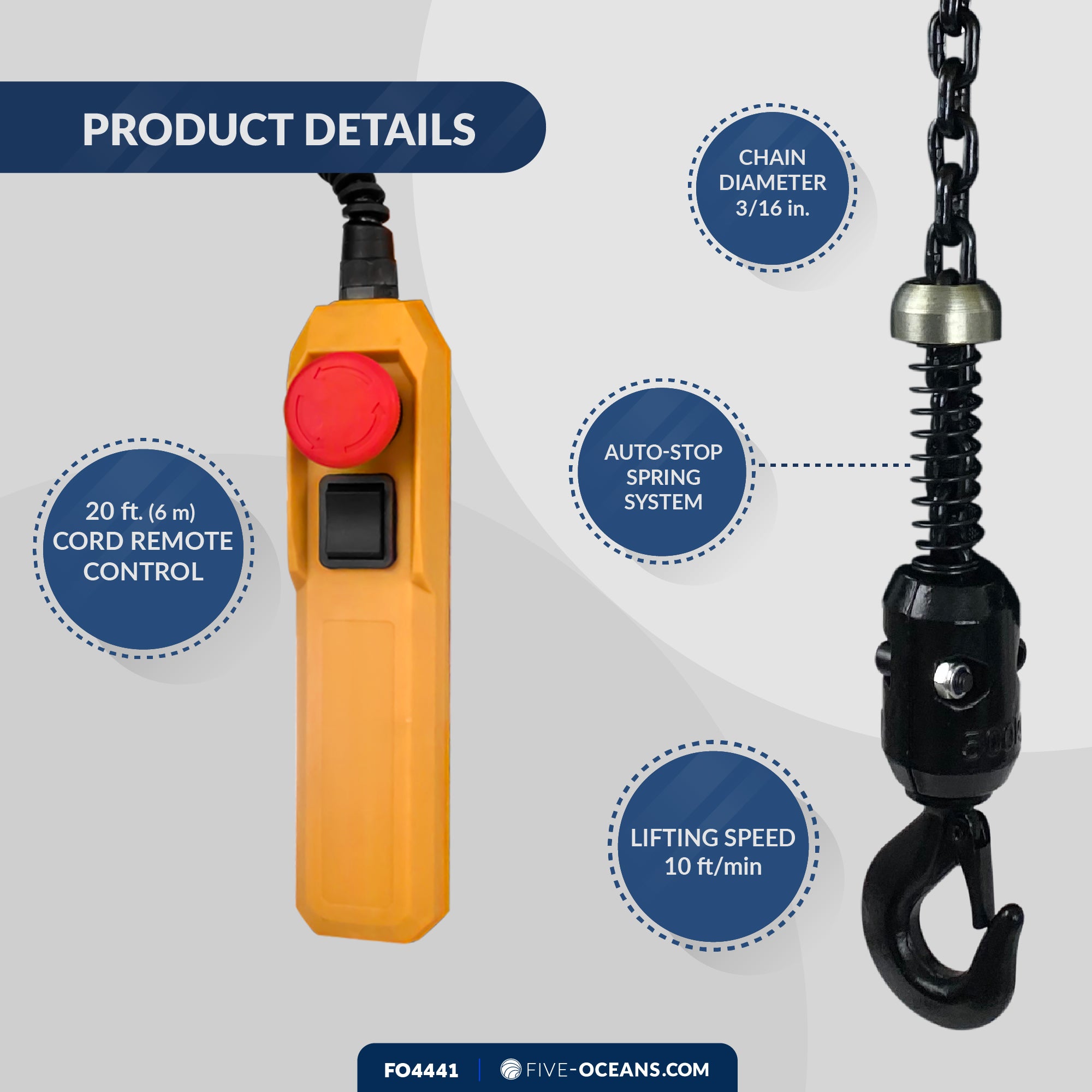 660Lb / 300Kg Electric Chain Hoist with 20Ft Cable Control, 120V - FO4441