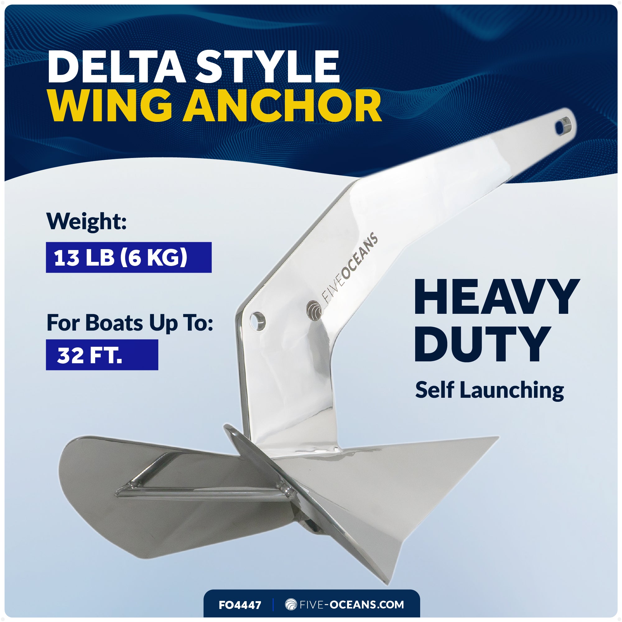 13 Lb Delta Style Wing Anchor, Stainless Steel - FO4447 - Five Oceans