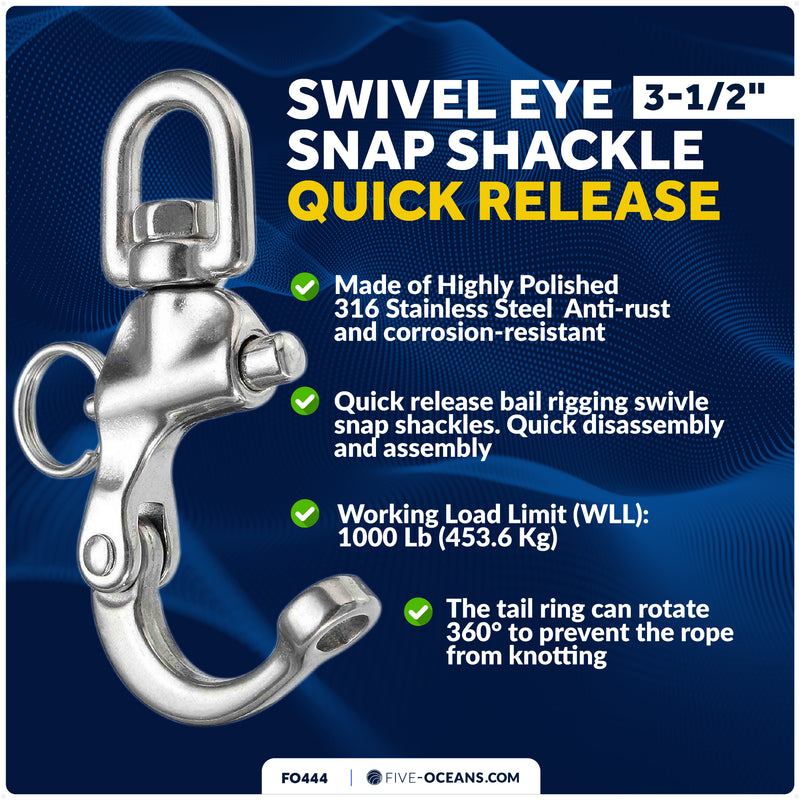 3-1/2" Pin Release Snap Shackle with Swivel Eye, AISI316 Stainless Steel - FO444 - Five Oceans