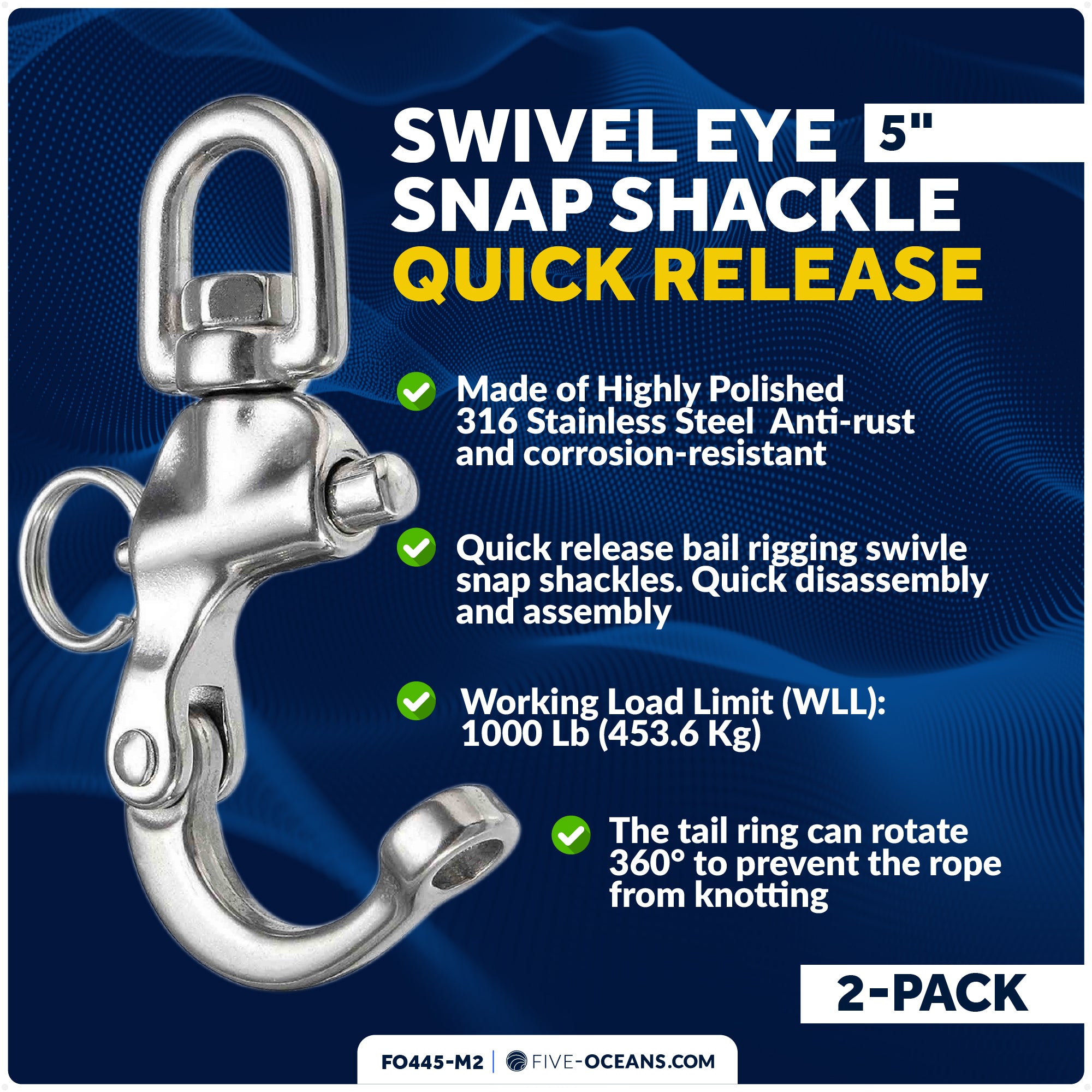 5" Pin Release Snap Shackle with Swivel Eye, AISI316 Stainless Steel, 2-Pack - FO445-M2