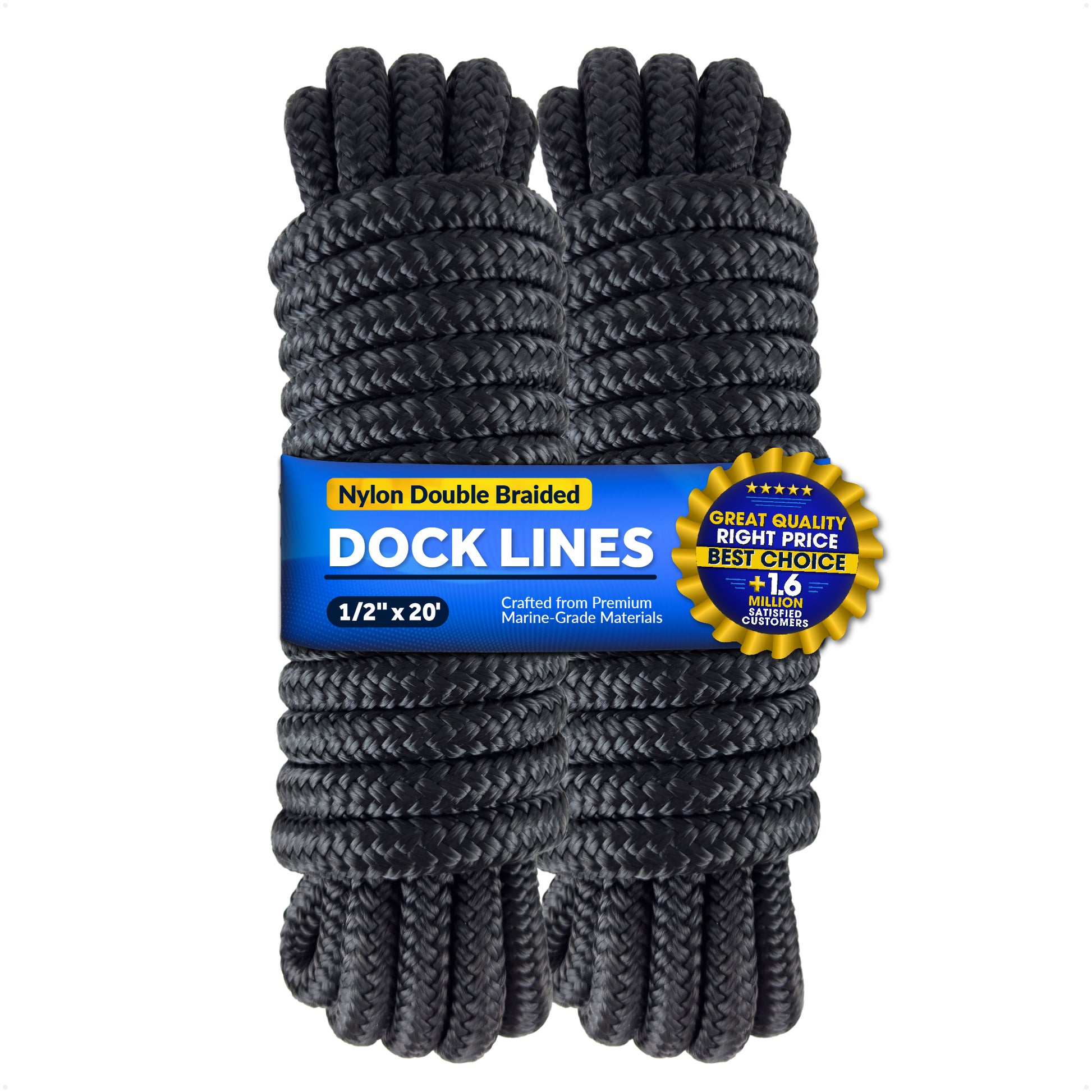 Dock Lines, 1/2" x 20', Black Nylon Double Braided with 12" Eyelet, 2-Pack - FO4451-M2 - Five Oceans