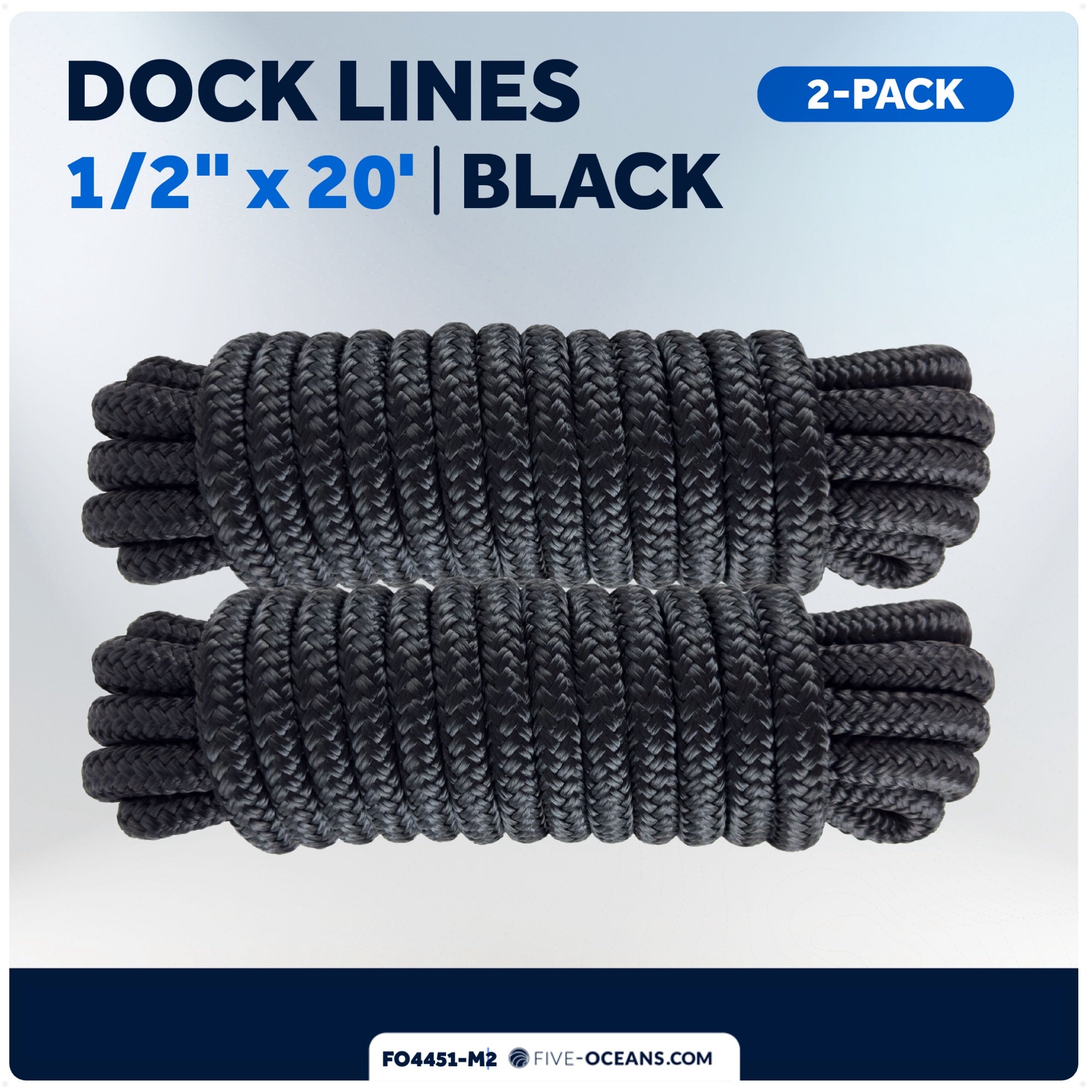 Dock Lines, 1/2" x 20', Black Nylon Double Braided with 12" Eyelet, 2-Pack - FO4451-M2 - Five Oceans