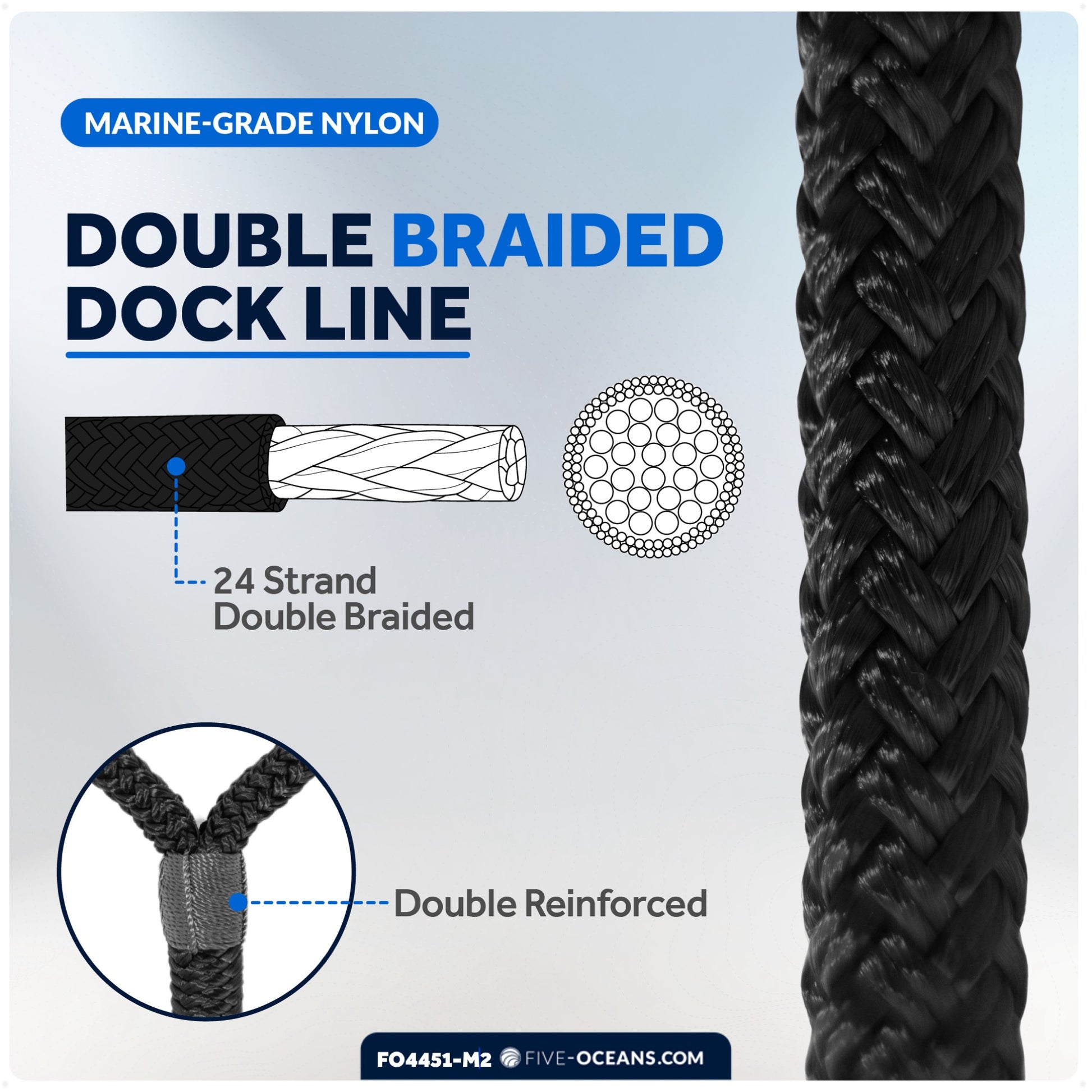Dock Lines, 1/2" x 20', Black Nylon Double Braided with 12" Eyelet, 2-Pack - FO4451-M2 - Five Oceans
