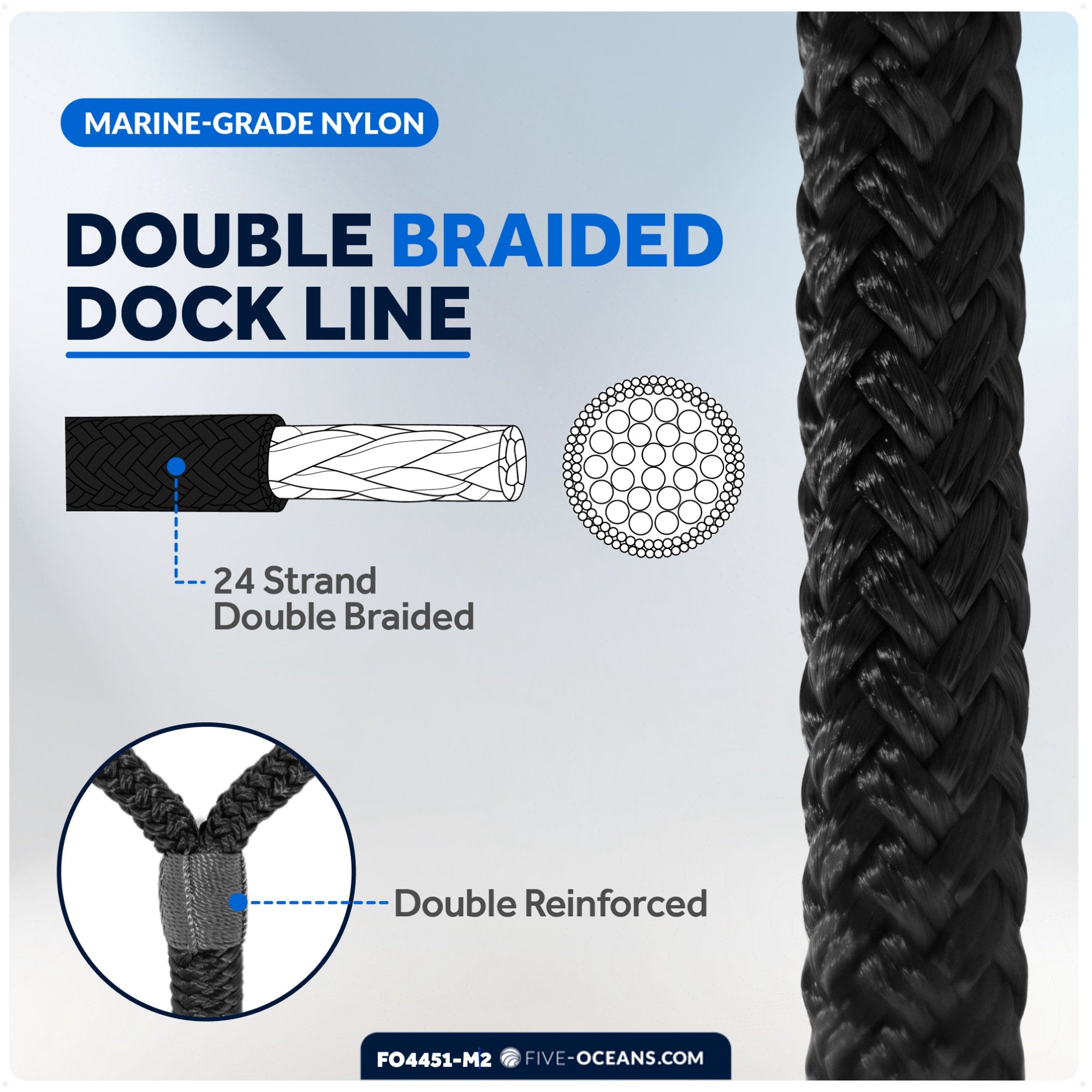 Dock Lines, 1/2" x 20', Black Nylon Double Braided with 12" Eyelet, 2-Pack - FO4451-M2 - Five Oceans