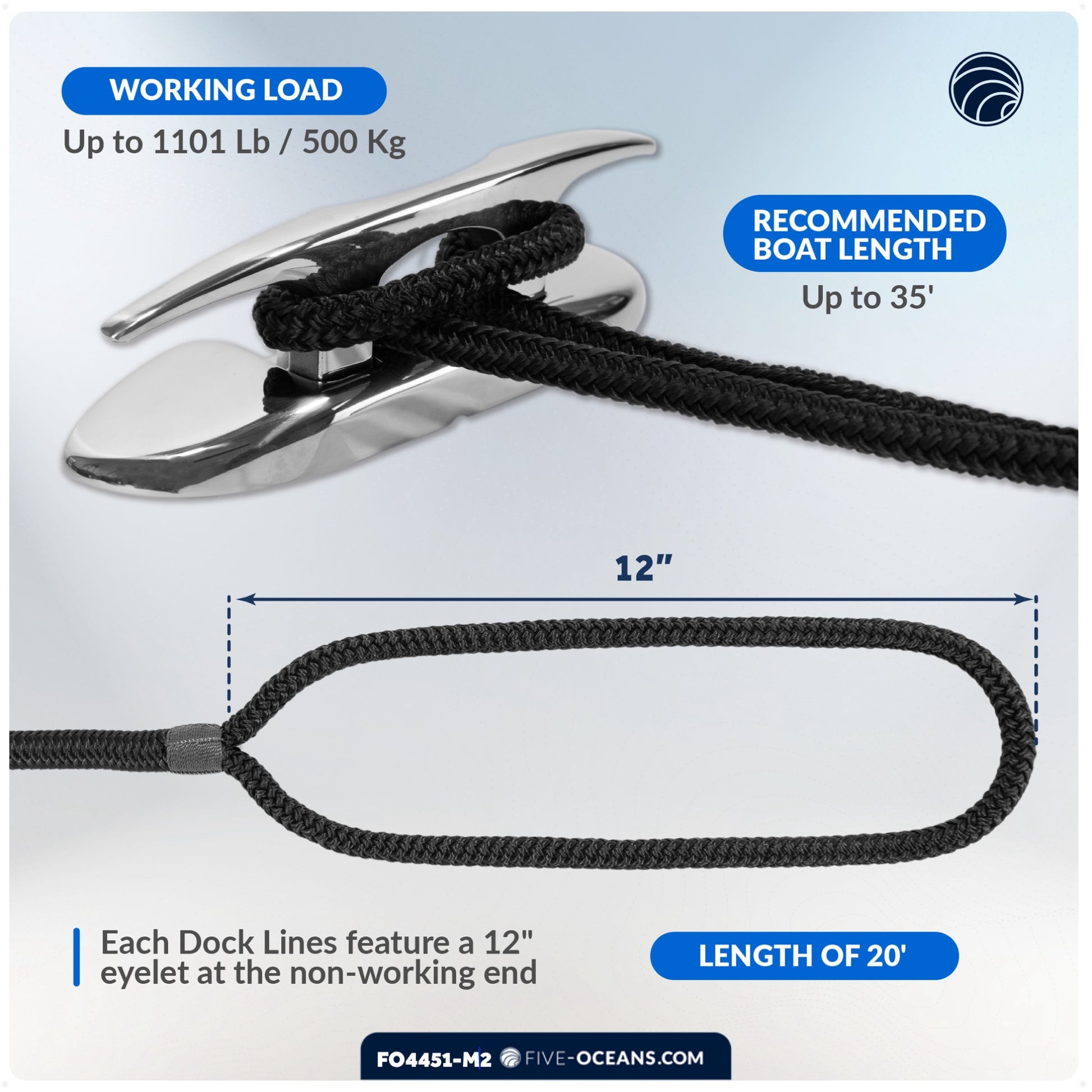 Dock Lines, 1/2" x 20', Black Nylon Double Braided with 12" Eyelet, 2-Pack - FO4451-M2 - Five Oceans