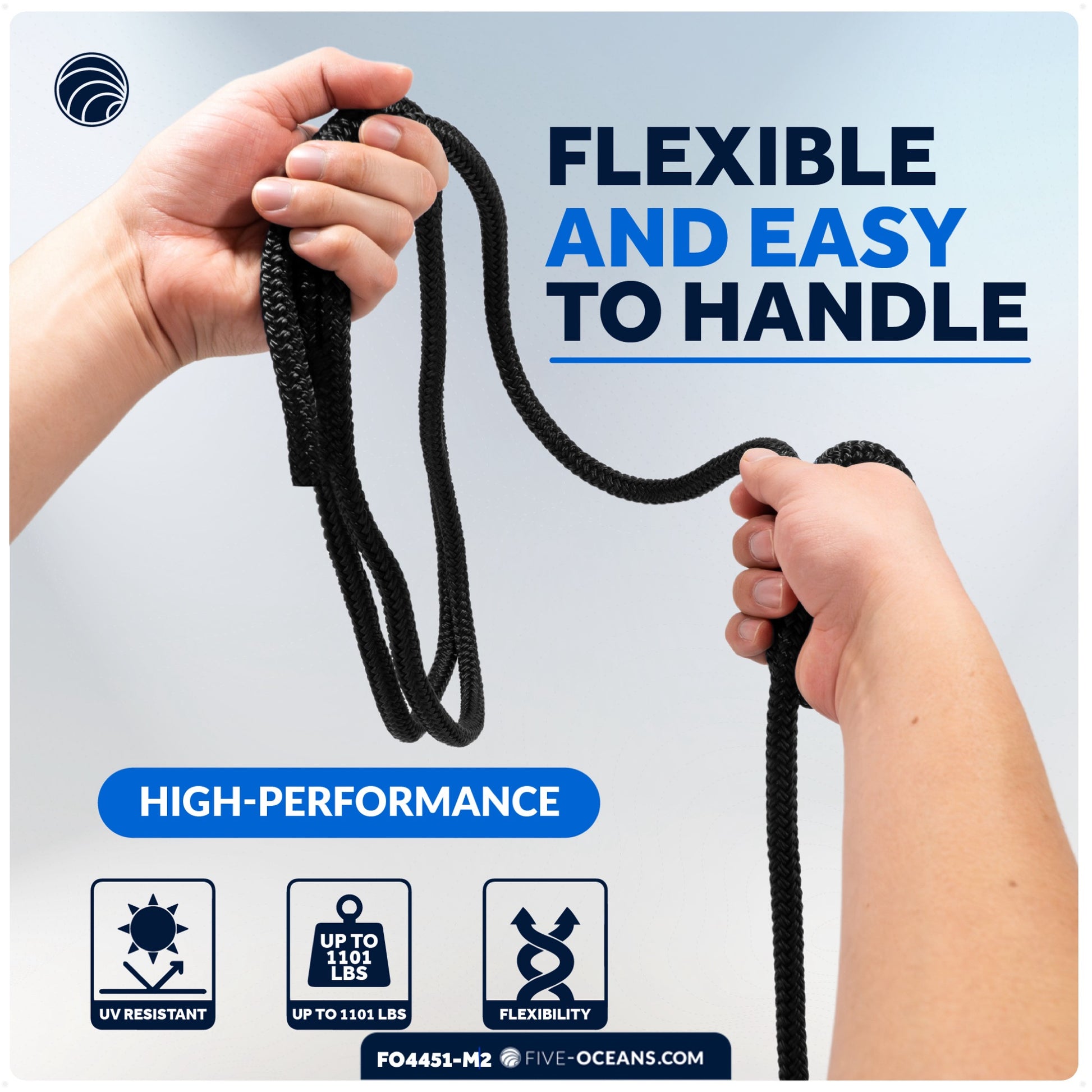 Dock Lines, 1/2" x 20', Black Nylon Double Braided with 12" Eyelet, 2-Pack - FO4451-M2 - Five Oceans