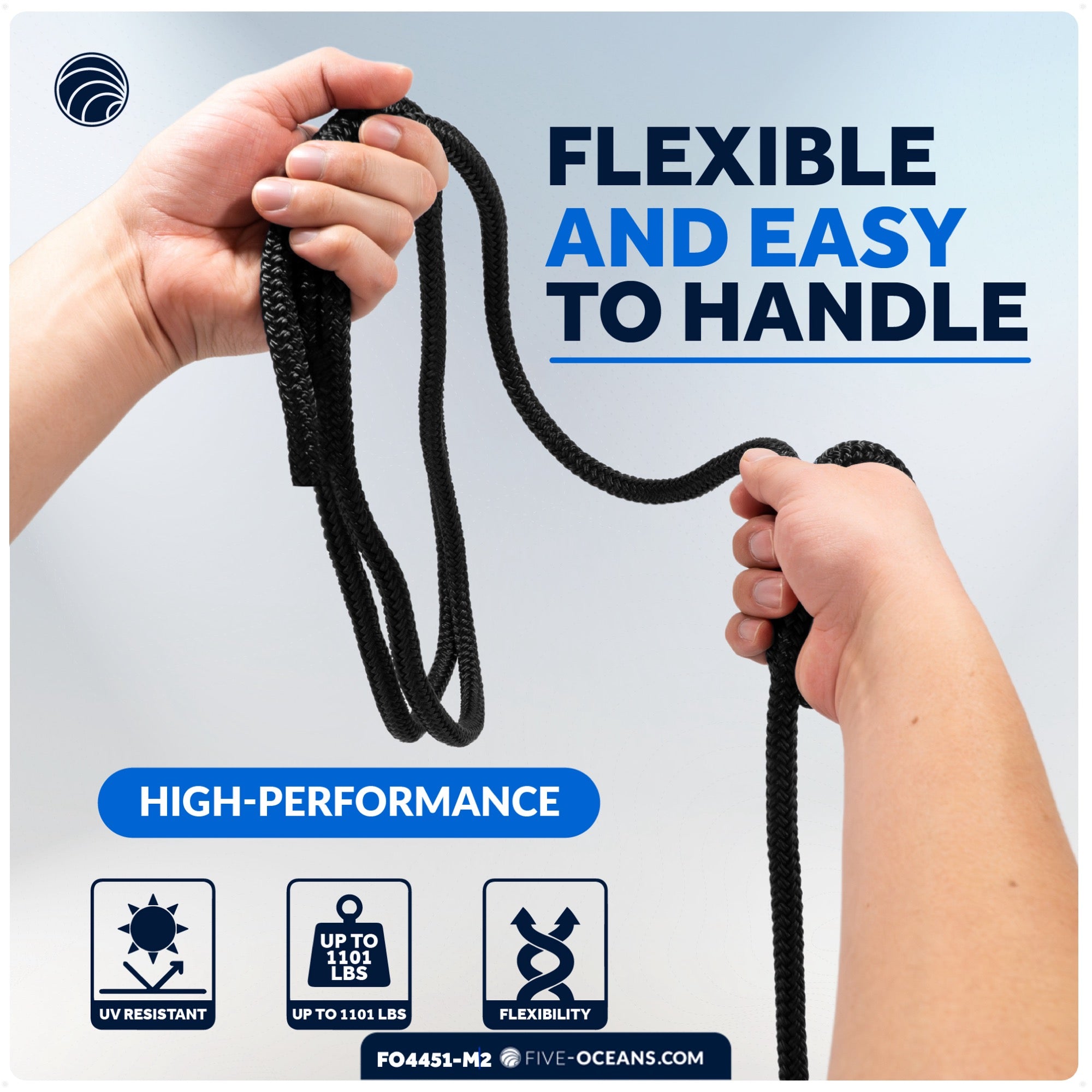 Dock Lines, 1/2" x 20', Black Nylon Double Braided with 12" Eyelet, 2-Pack - FO4451-M2 - Five Oceans