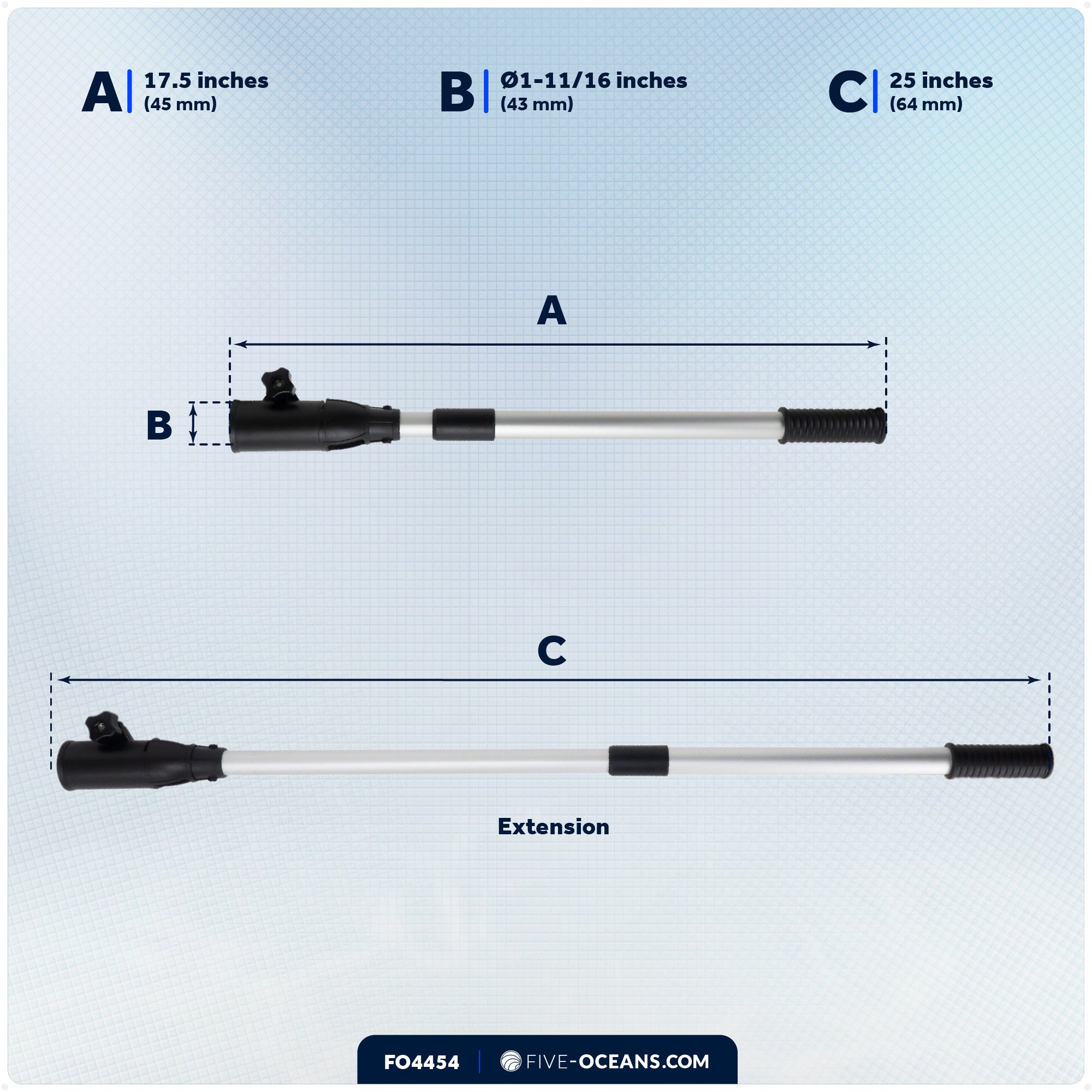 Tiller Extension Handle with Twist-Lock, Extends 17.5" - 25" - FO4454 - Five Oceans