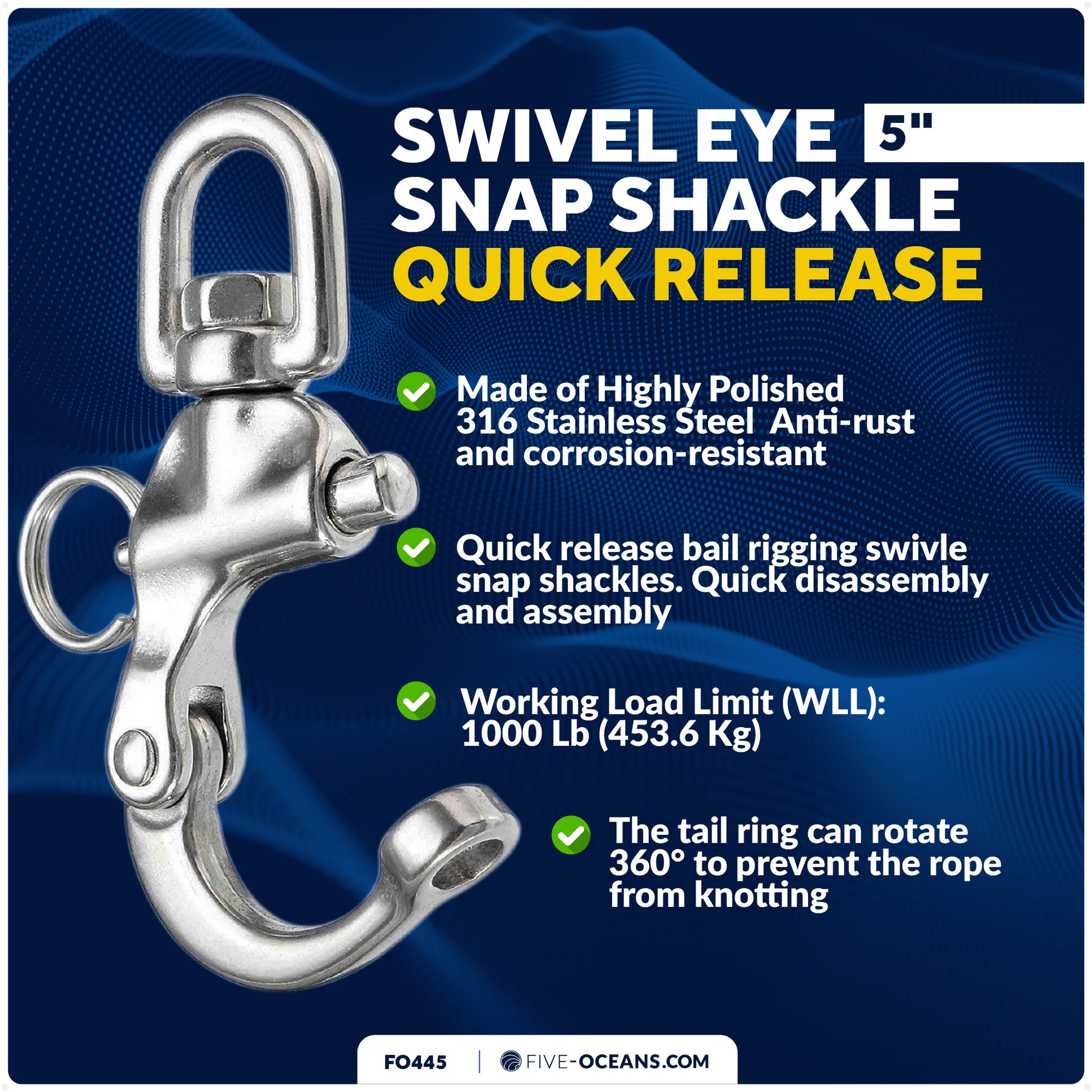 5" Pin Release Snap Shackle with Swivel Eye, AISI316 Stainless Steel - FO445 - Five Oceans