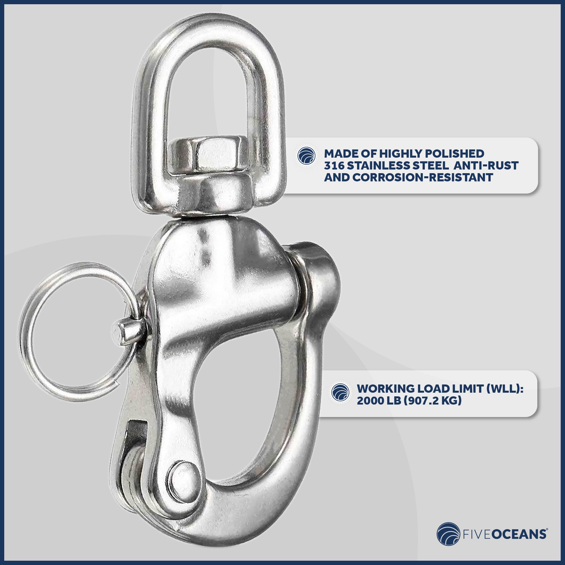 Swivel Eye Snap Shackle Quick Release Bail Rigging, 5" Stainless Steel - FO445 - Five Oceans