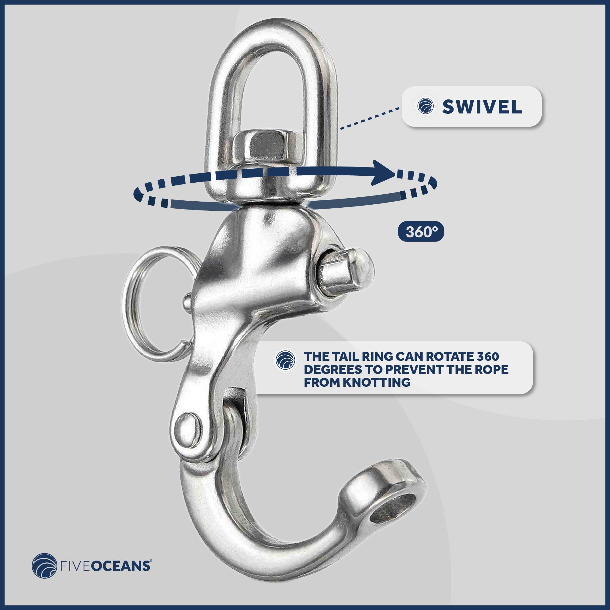 Swivel Eye Snap Shackle Quick Release Bail Rigging, 5" Stainless Steel - FO445 - Five Oceans