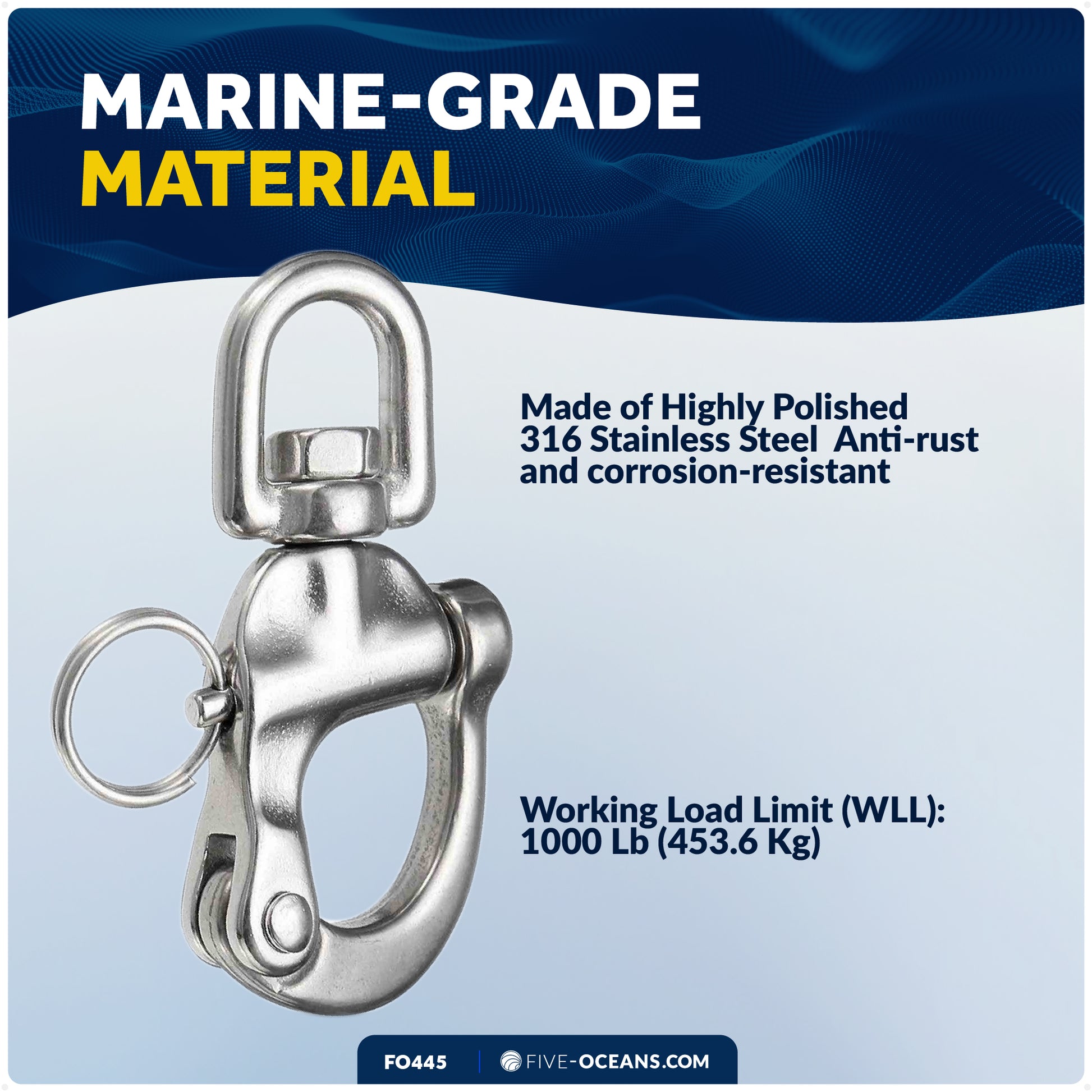 5" Pin Release Snap Shackle with Swivel Eye, AISI316 Stainless Steel - FO445 - Five Oceans