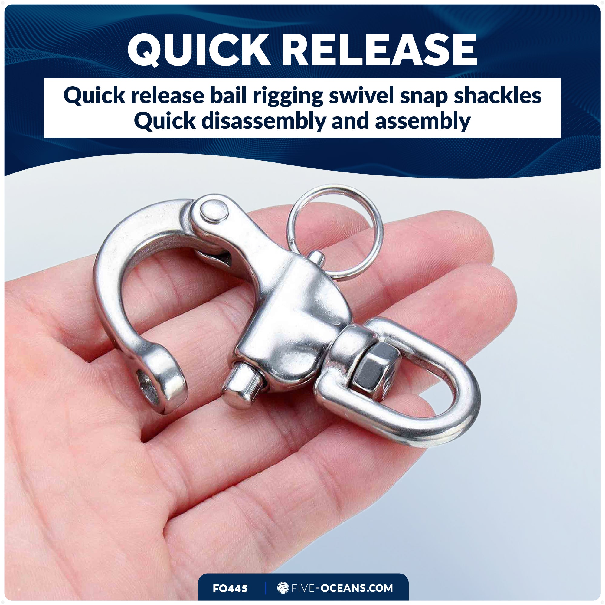 5" Pin Release Snap Shackle with Swivel Eye, AISI316 Stainless Steel - FO445 - Five Oceans