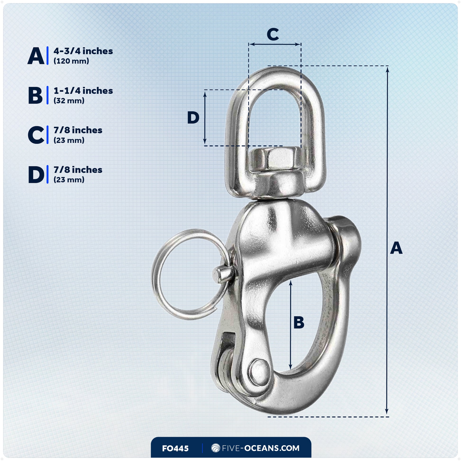 5" Pin Release Snap Shackle with Swivel Eye, AISI316 Stainless Steel - FO445 - Five Oceans