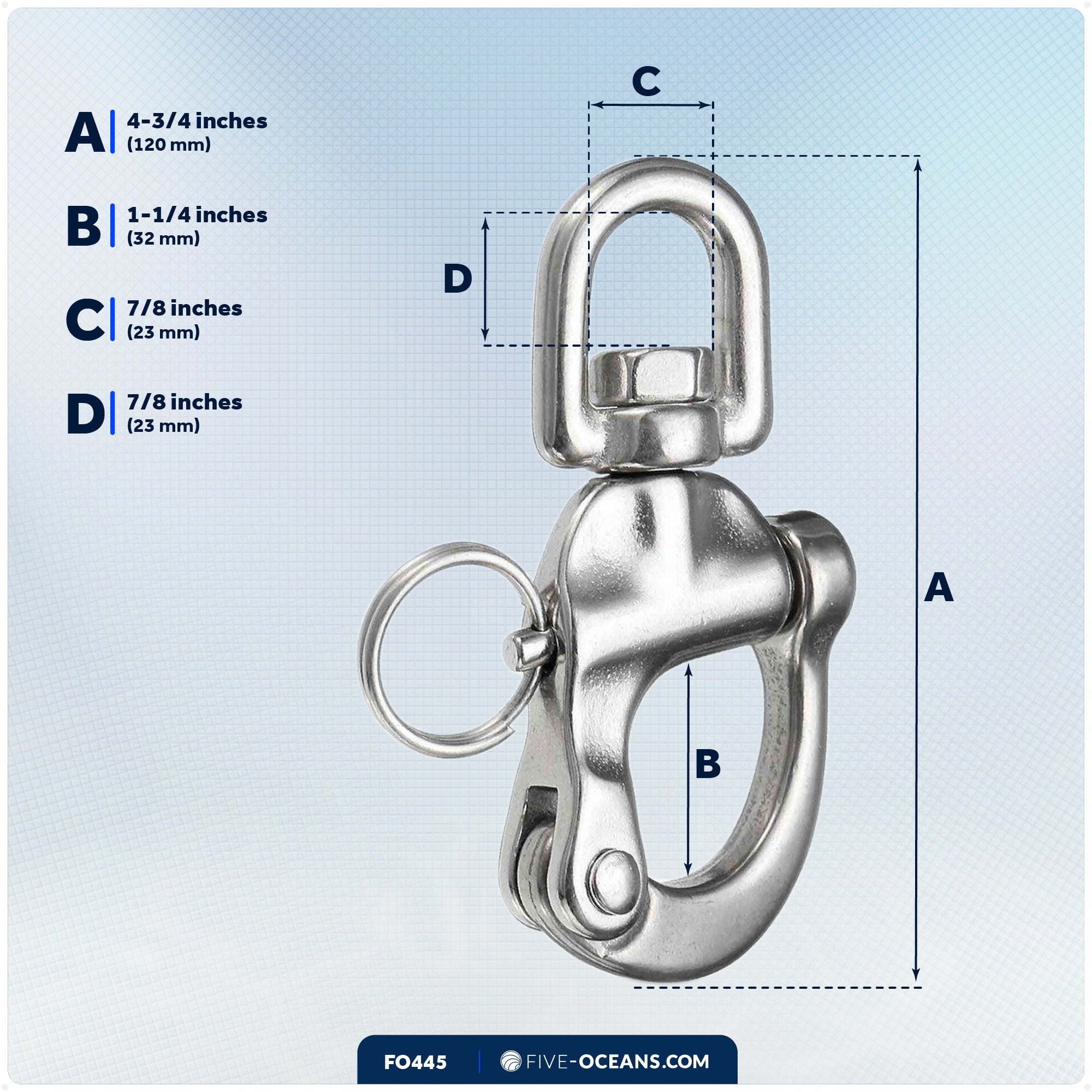 5" Pin Release Snap Shackle with Swivel Eye, AISI316 Stainless Steel - FO445 - Five Oceans