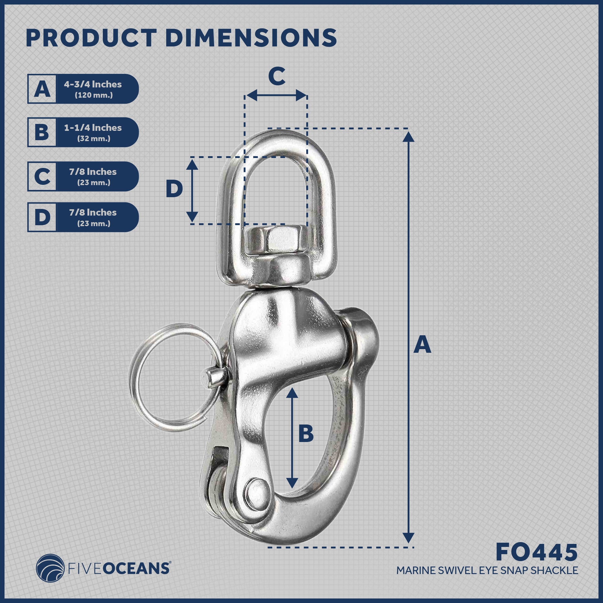 Swivel Eye Snap Shackle Quick Release Bail Rigging, 5" Stainless Steel - FO445 - Five Oceans