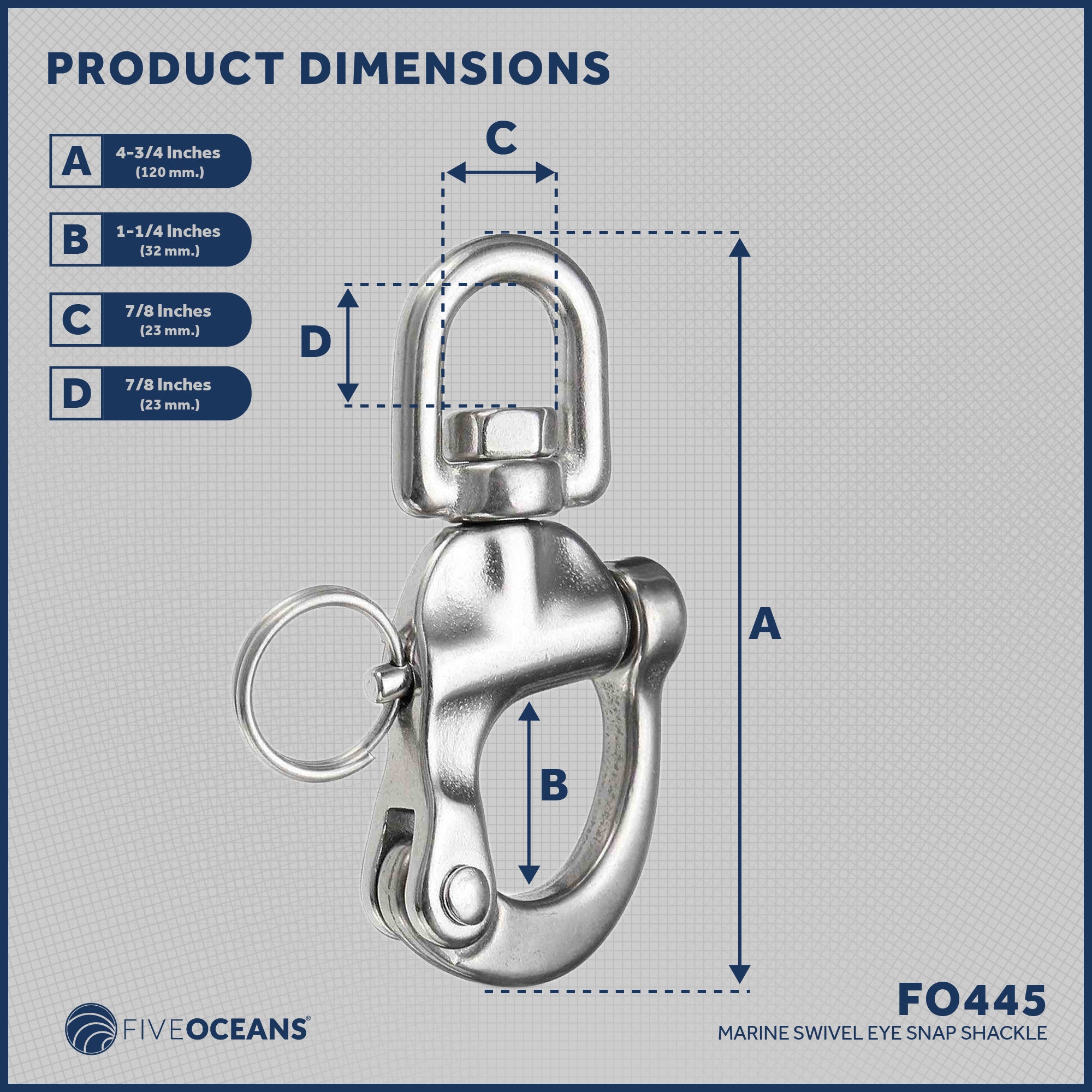 Swivel Eye Snap Shackle Quick Release Bail Rigging, 5" Stainless Steel - FO445 - Five Oceans