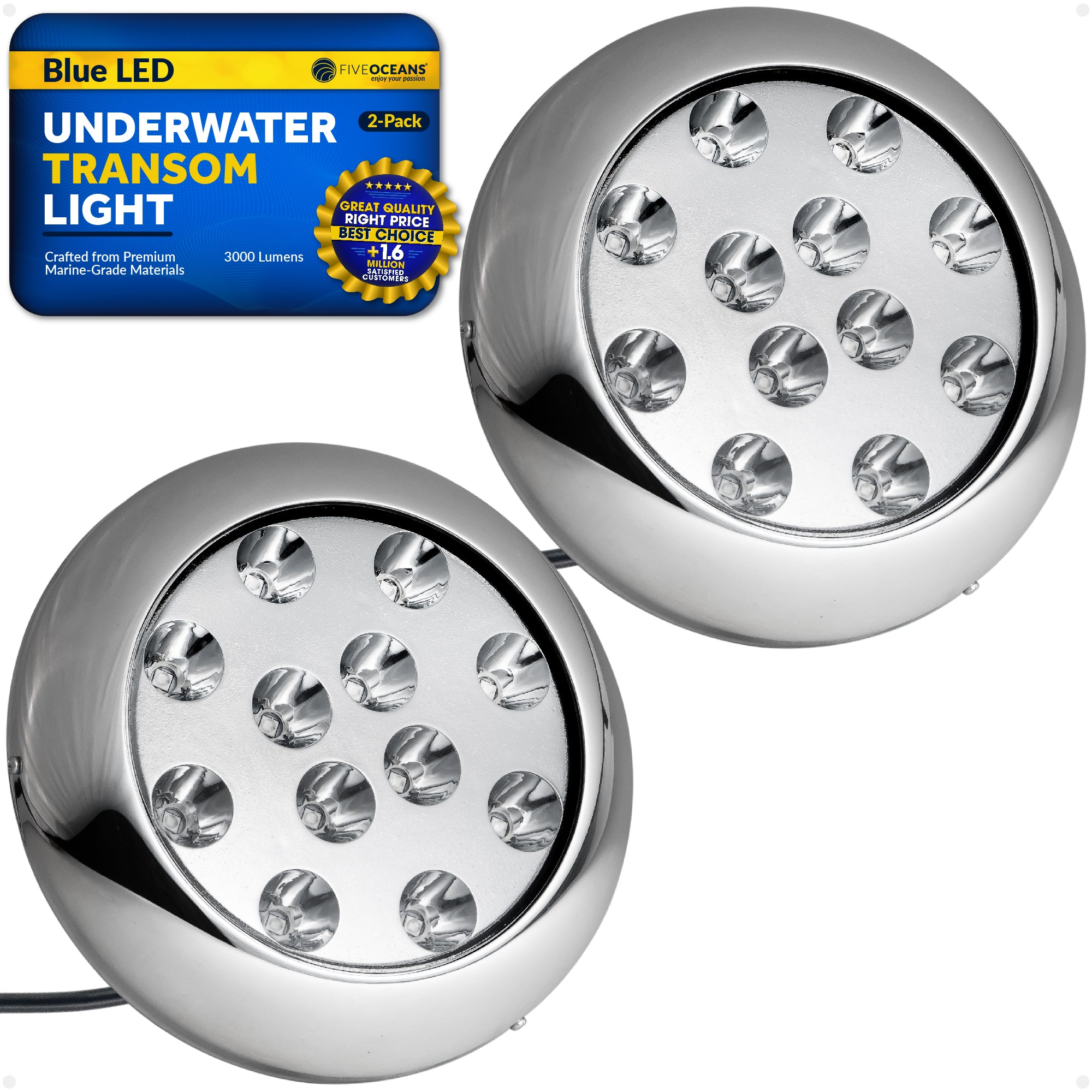 LED Underwater Boat Light, Stainless Steel Bezel, Blue, 2-Pack - FO4461-M2 - Five Oceans