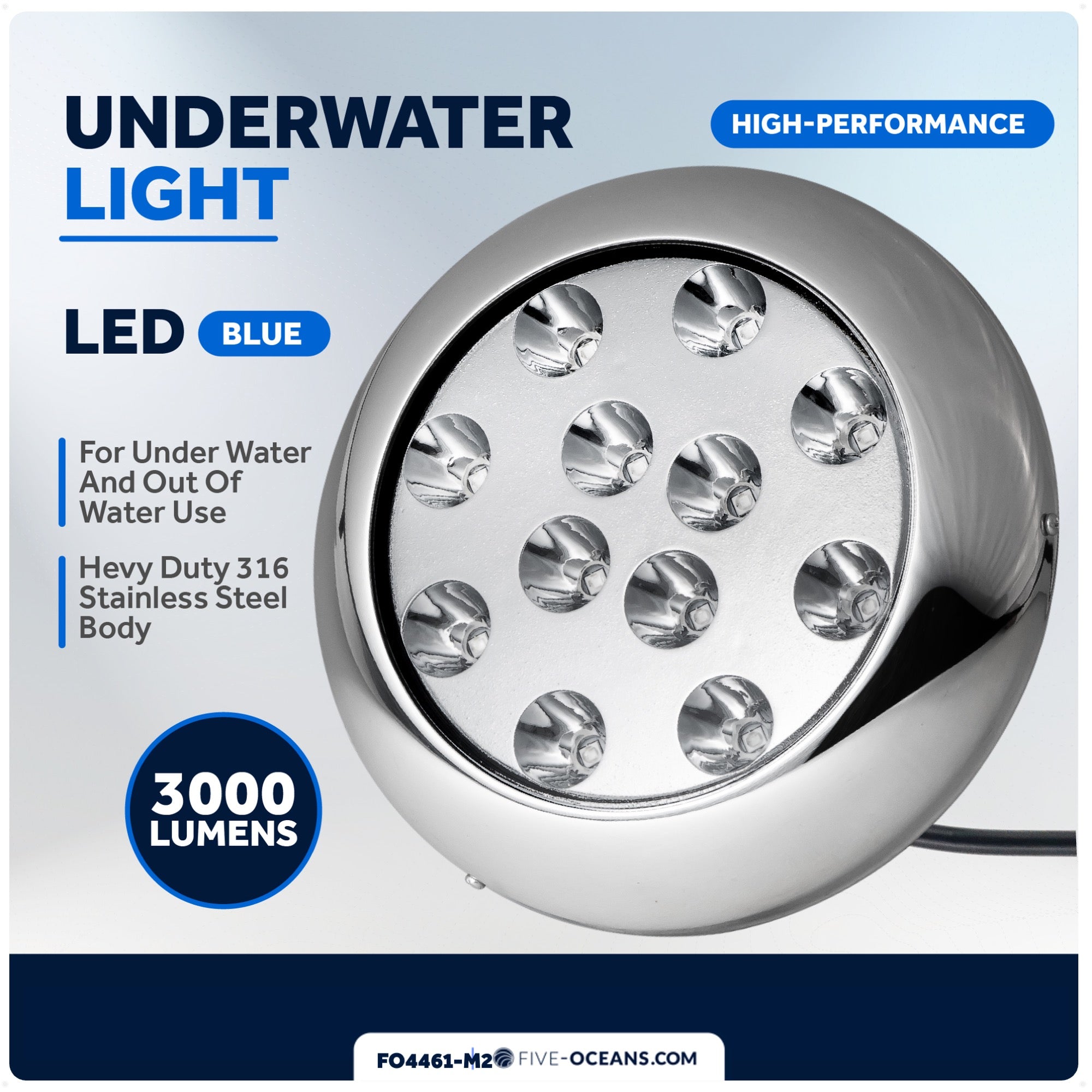 LED Underwater Boat Light, Stainless Steel Bezel, Blue, 2-Pack - FO4461-M2 - Five Oceans