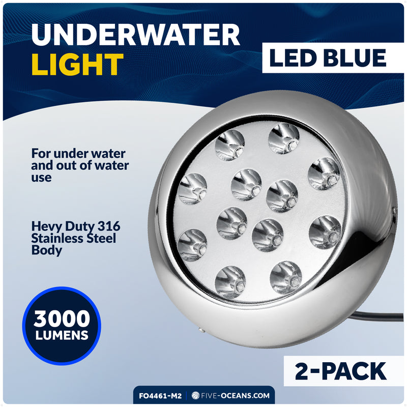 LED Underwater Light, Blue, AISI316 Stainless Stee, 10-30V, 2-Pack - FO4461-M2 - Five Oceans