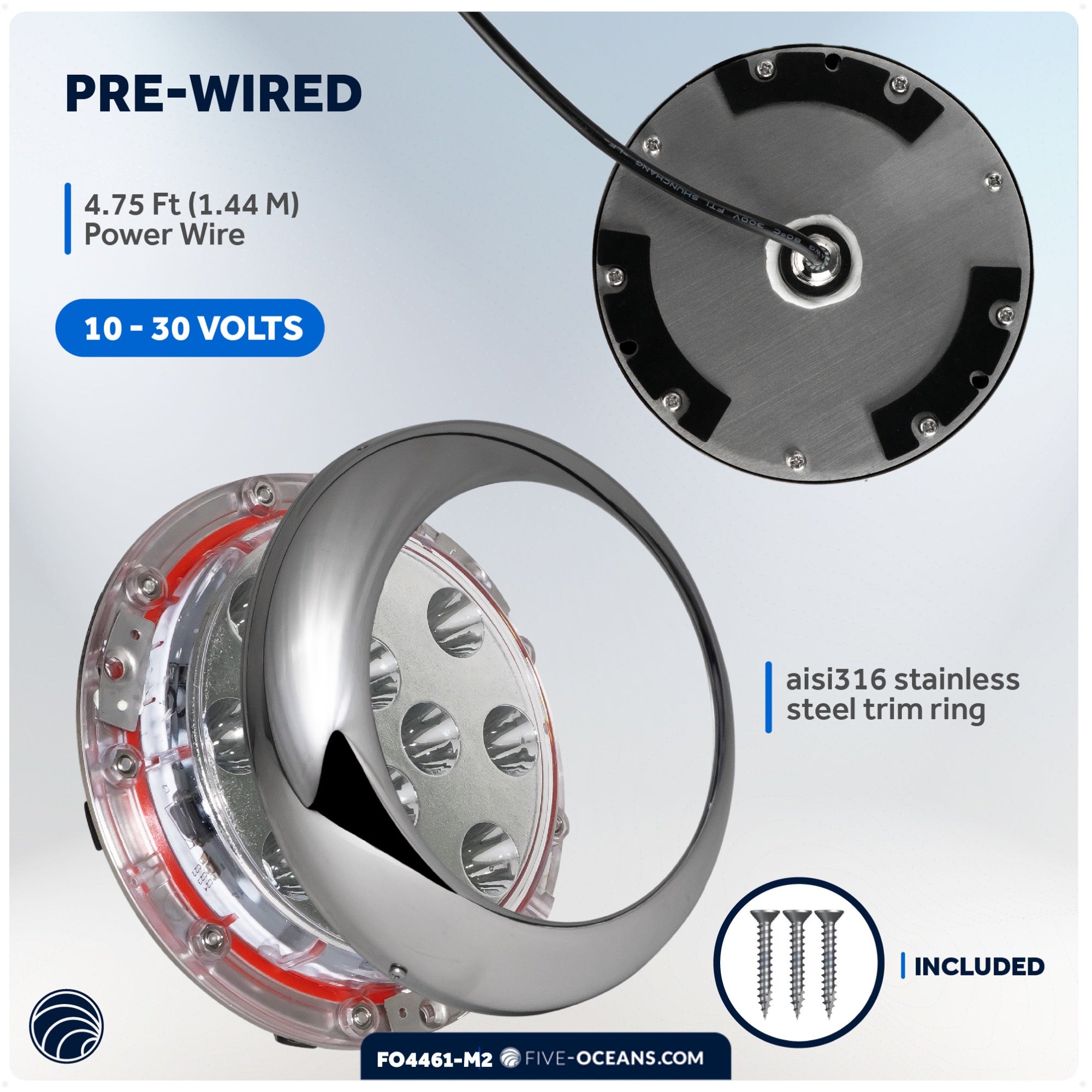 LED Underwater Boat Light, Stainless Steel Bezel, Blue, 2-Pack - FO4461-M2 - Five Oceans