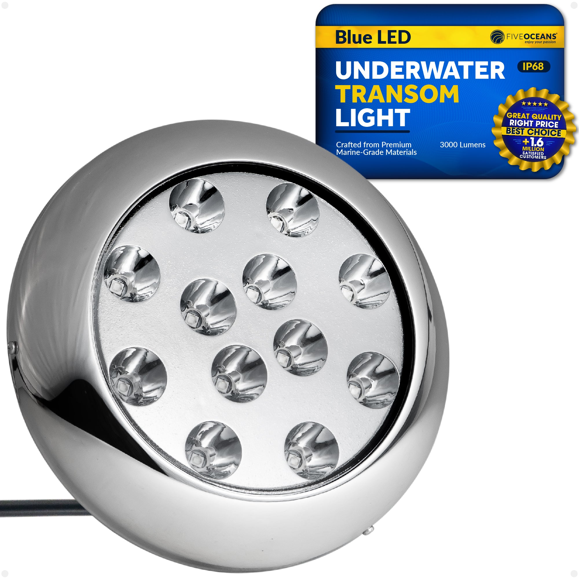 LED Underwater Boat Light, Stainless Steel Bezel, Blue - FO4461 - Five Oceans