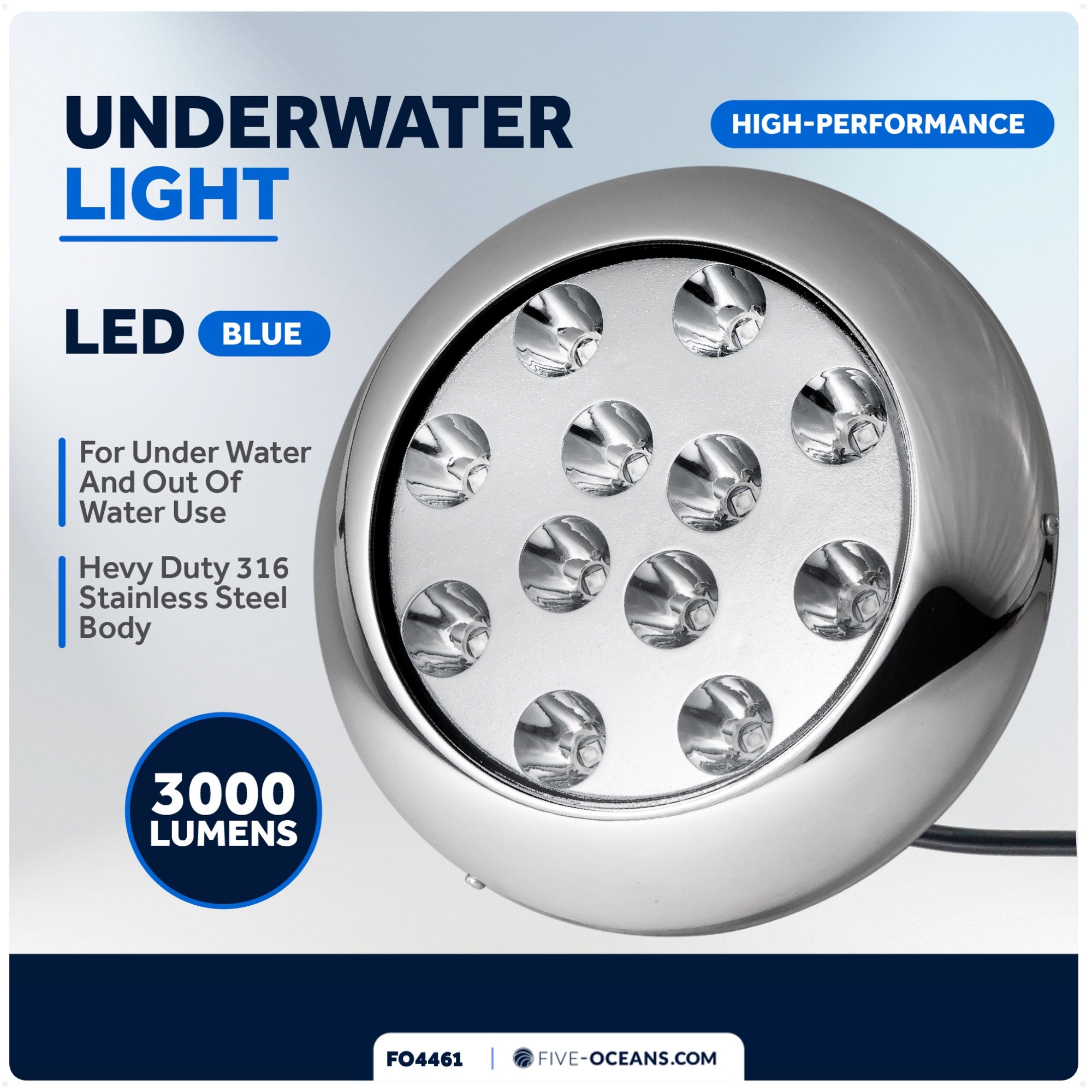 LED Underwater Boat Light, Stainless Steel Bezel, Blue - FO4461 - Five Oceans