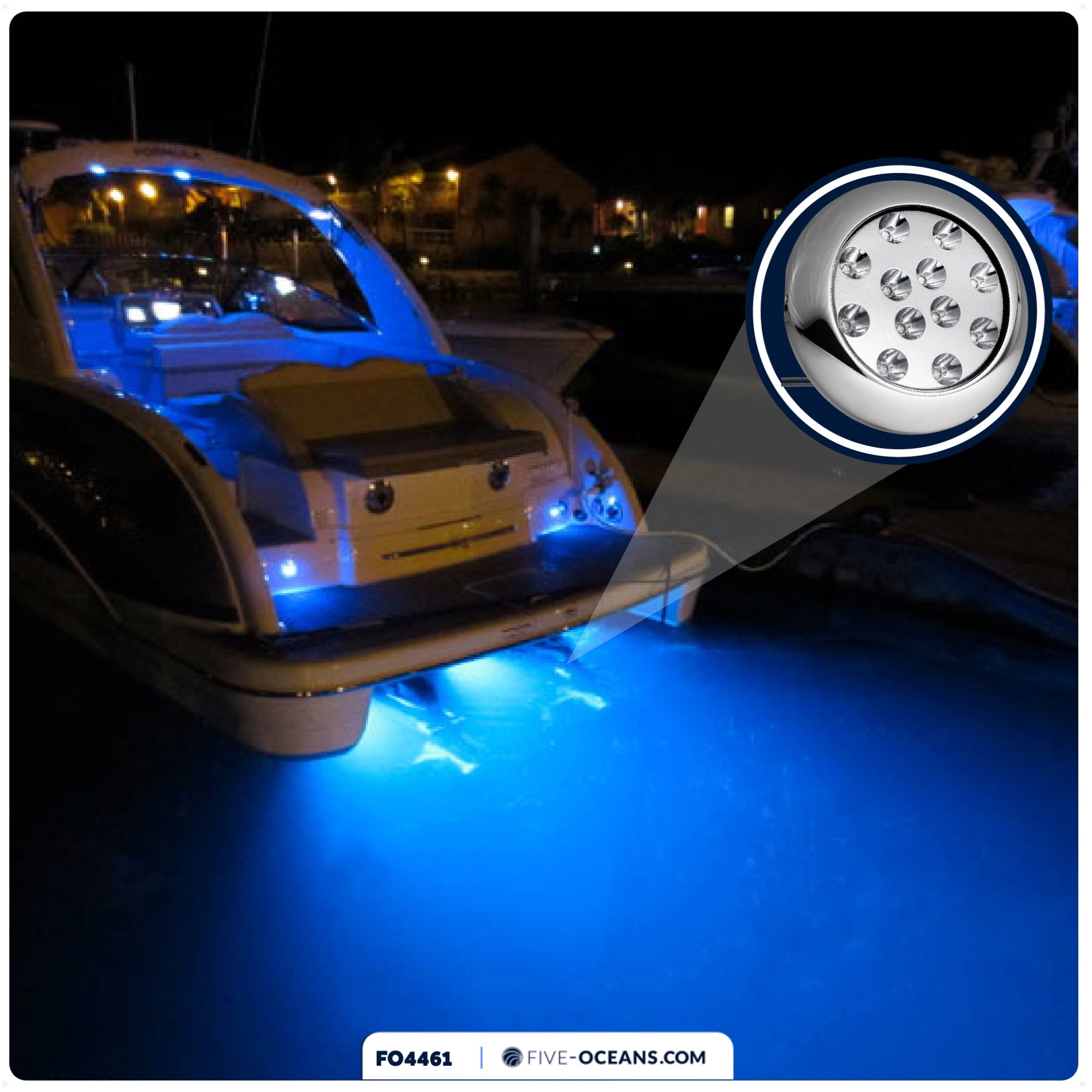 LED Underwater Boat Light, Stainless Steel Bezel, Blue - FO4461 - Five Oceans