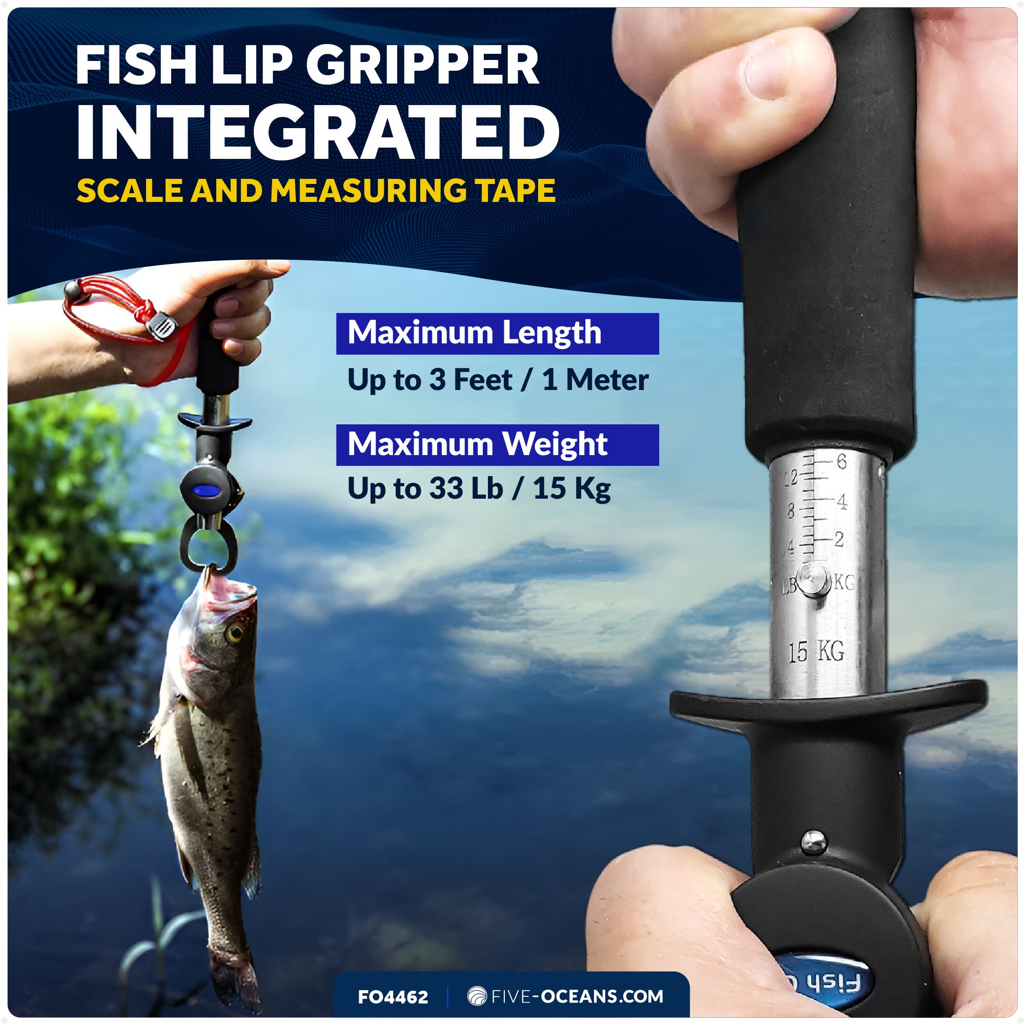 Stainless Steel Fish Lip Gripper with Scale and EVA Control Handle - FO4462 - Five Oceans