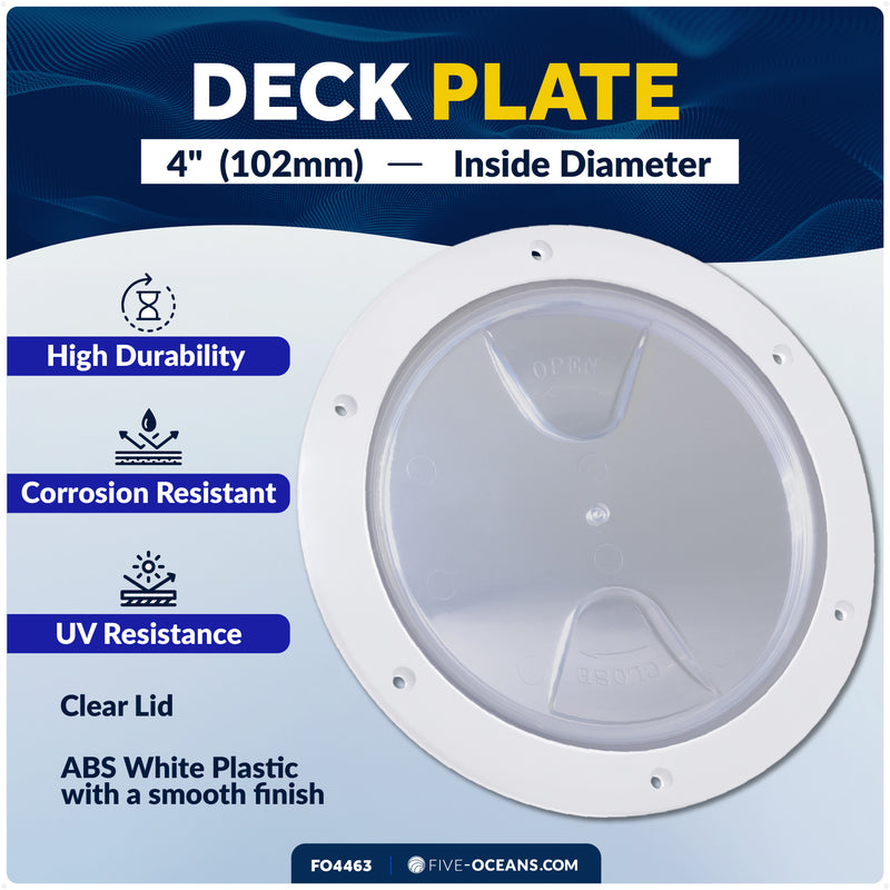 4" Deck Plate, Round Screw-in, White with Clear Lid - FO4463 - Five Oceans