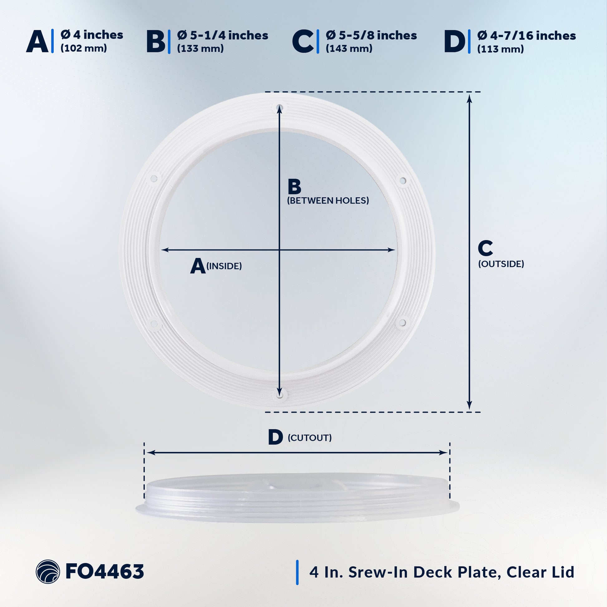 4" Deck Plate, Round White with Clear Lid - FO4463 - Five Oceans