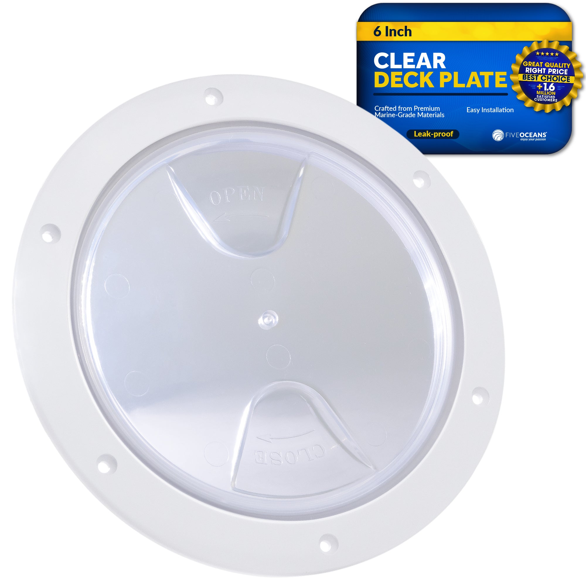 6" Deck Plate, Round White with Clear Lid - FO4465 - Five Oceans