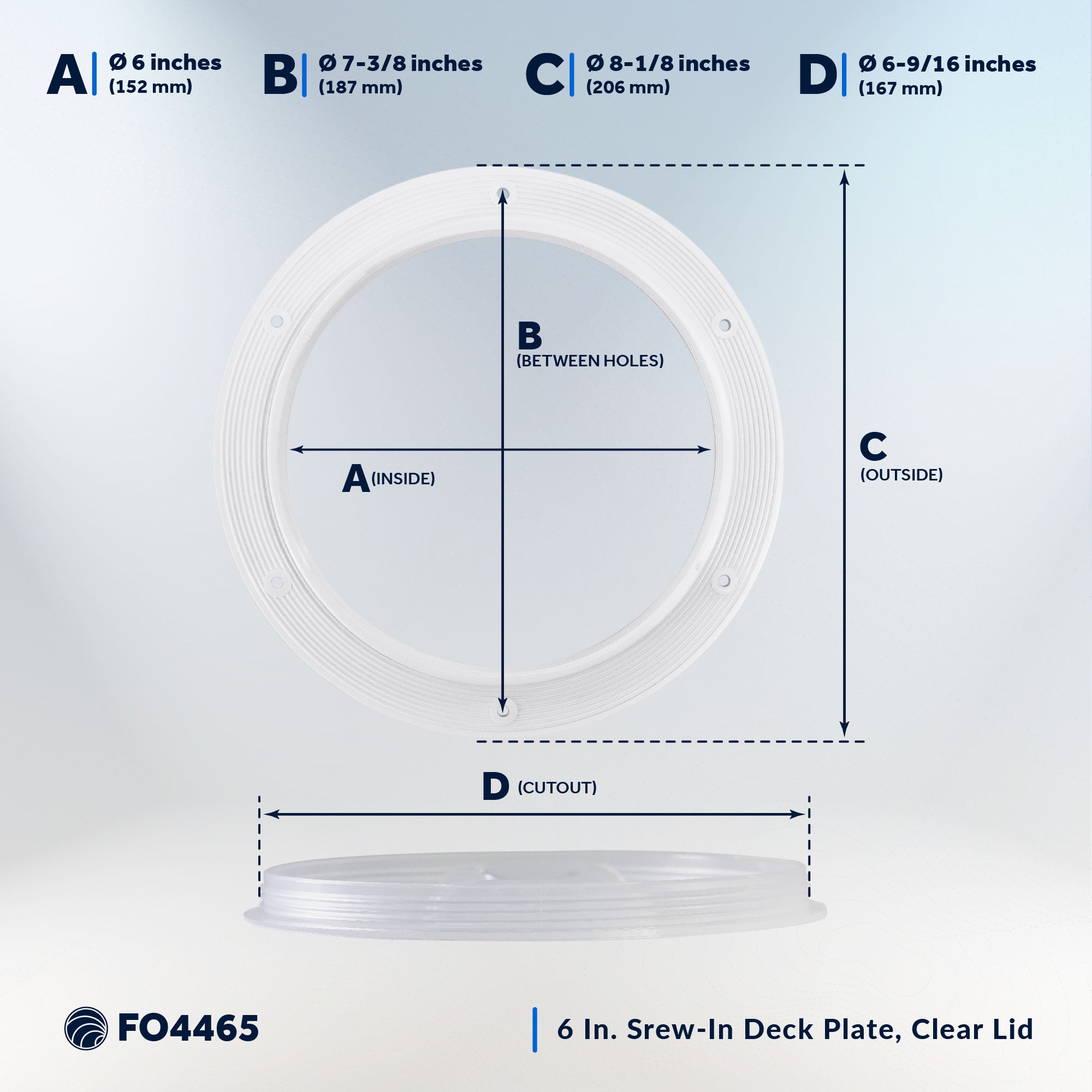 6" Deck Plate, Round White with Clear Lid - FO4465 - Five Oceans