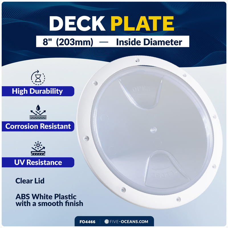 8" Deck Plate, Round Screw-in, White with Clear Lid - FO4466 - Five Oceans