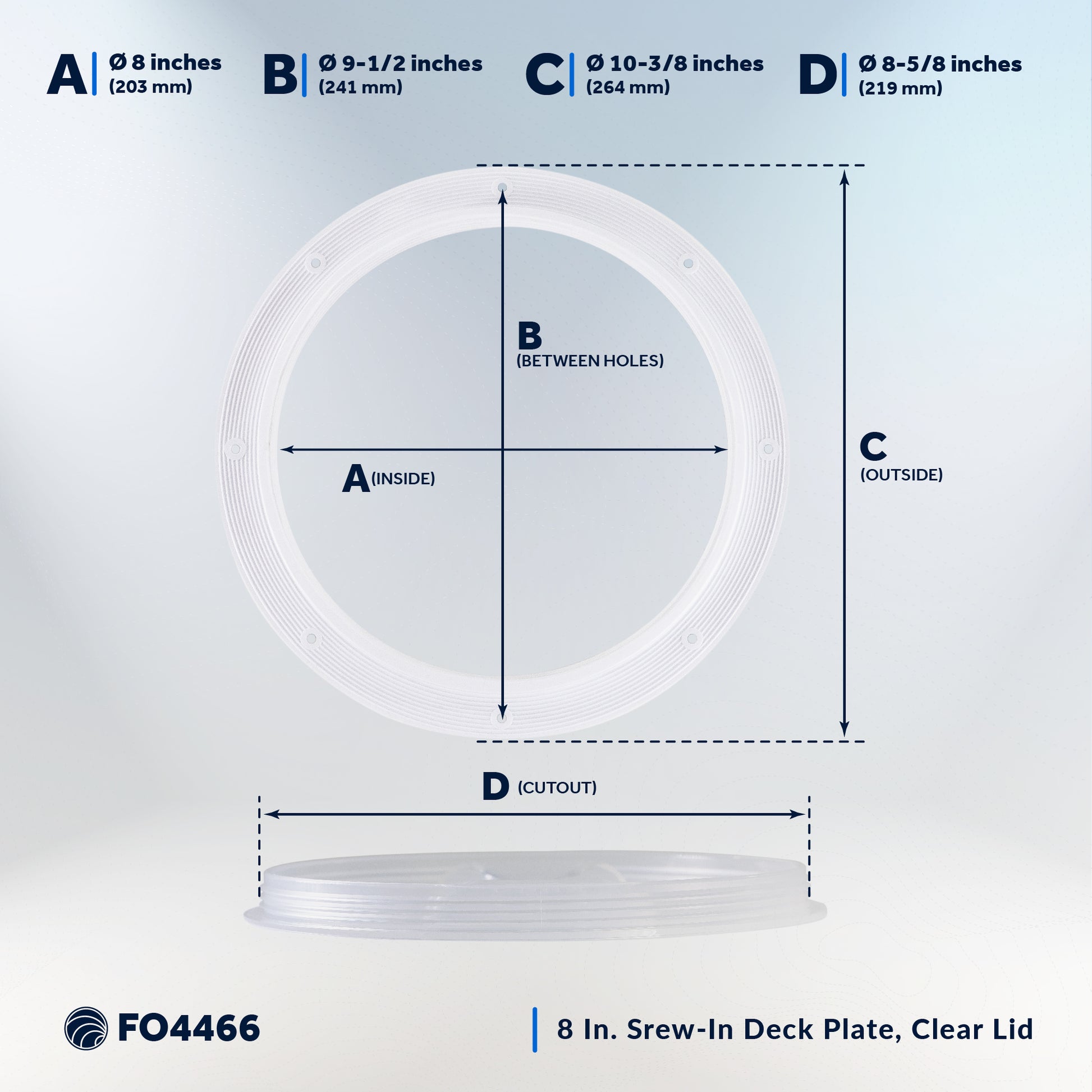 8" Deck Plate, Round White with Clear Lid - FO4466 - Five Oceans