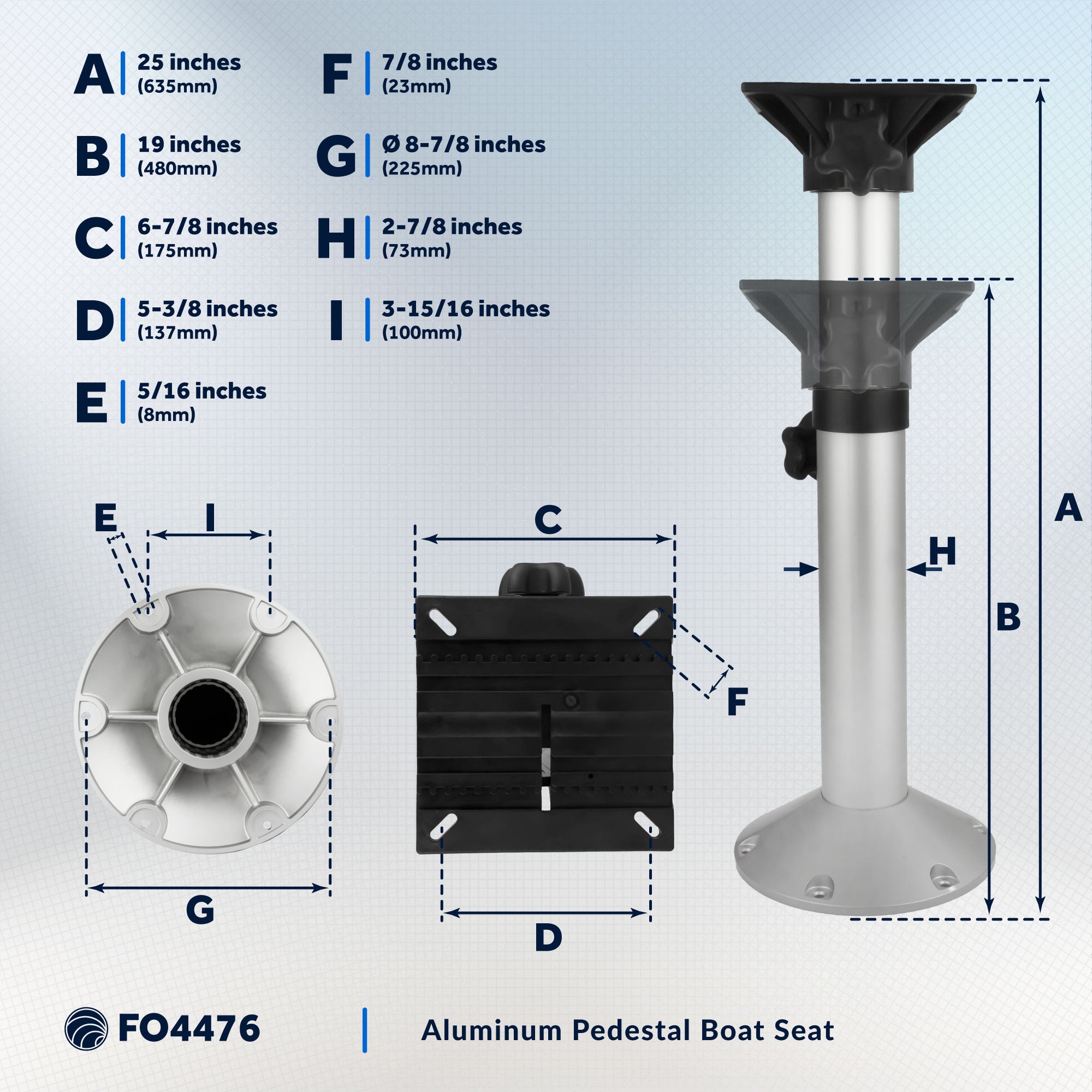 Boat Seat Pedestals, Adjustable from 19" to 25" - FO4476
