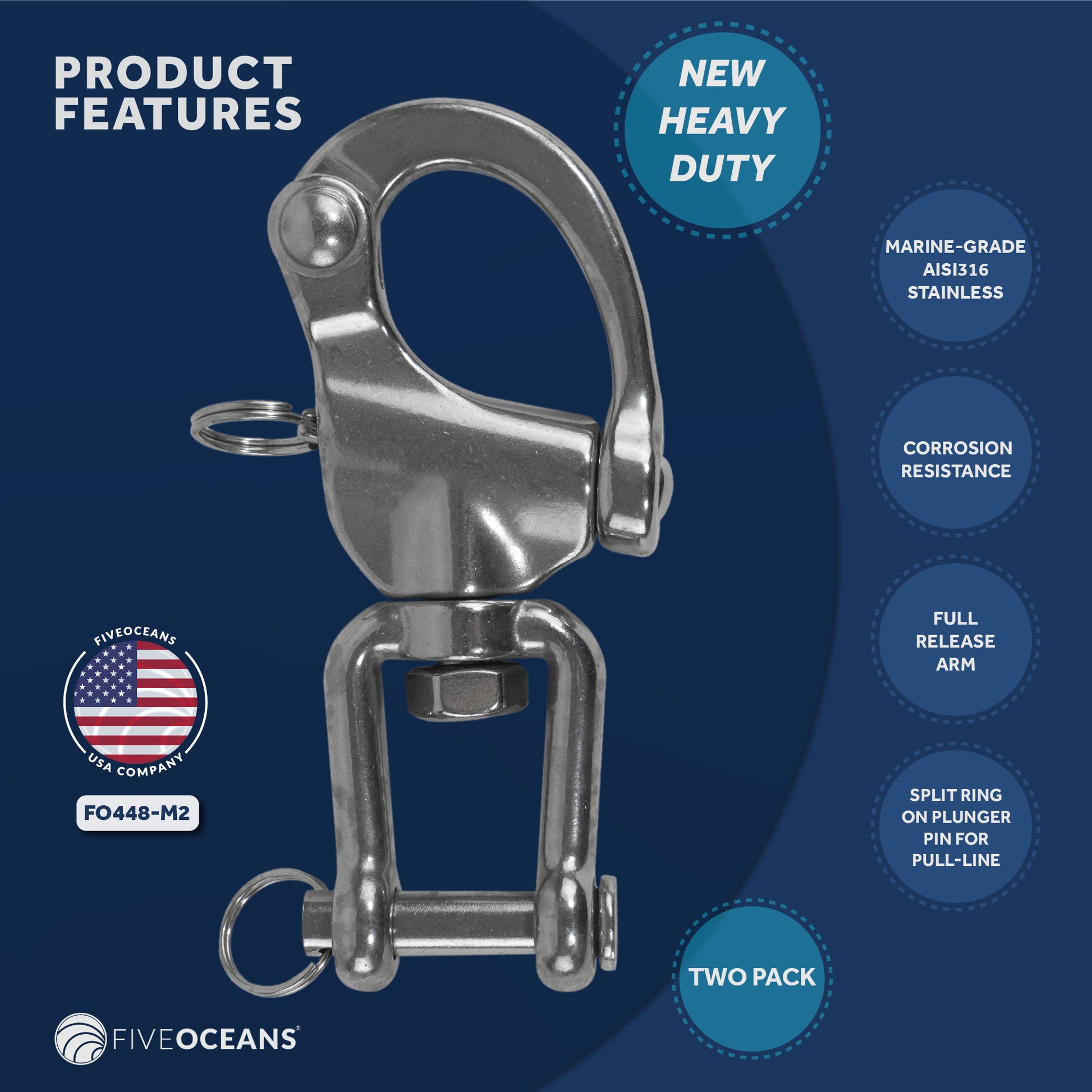 Jaw Swivel Eye Snap Shackle, 5" Stainless Steel 2-Pack - FO448-M2 - Five Oceans