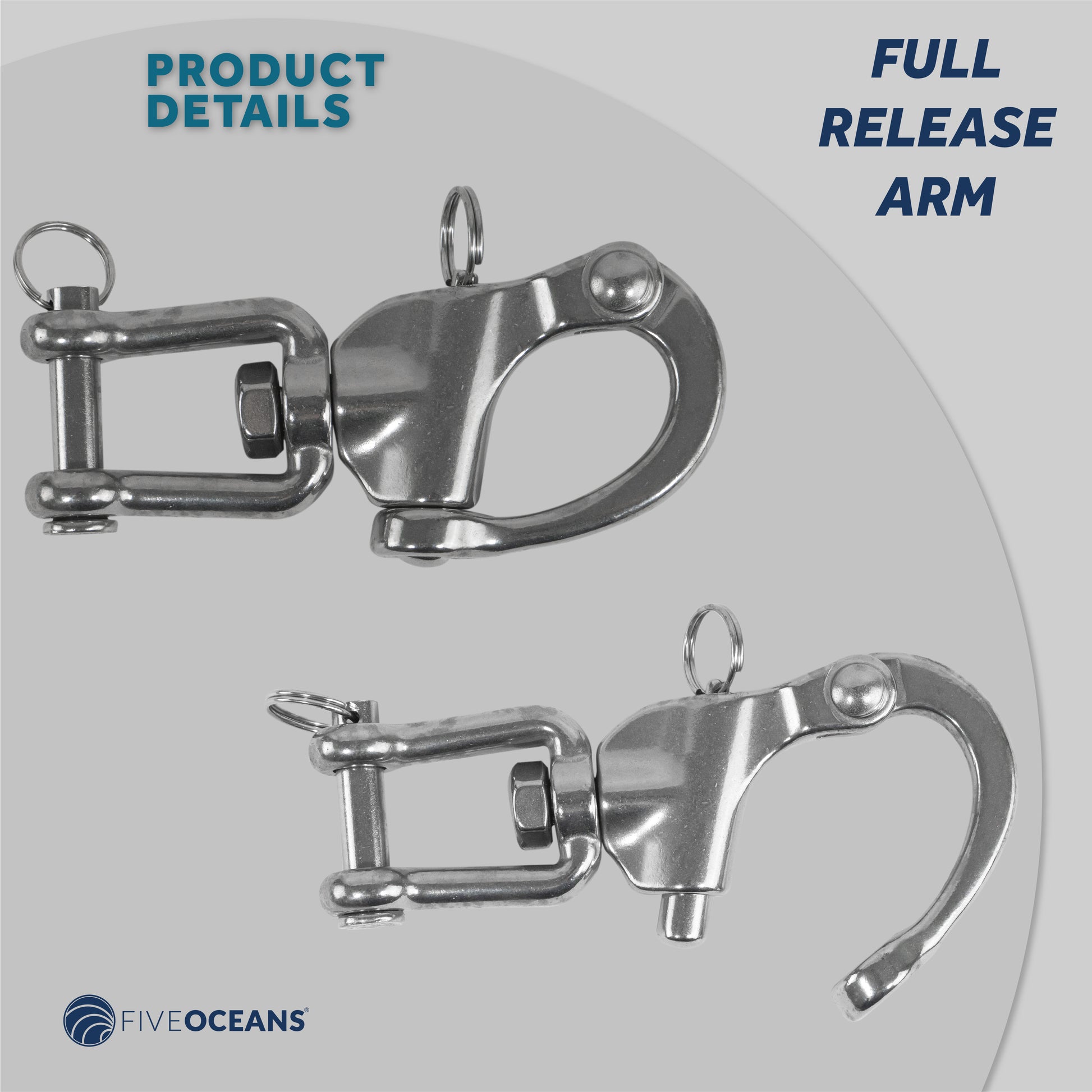 Jaw Swivel Eye Snap Shackle, 5" Stainless Steel 2-Pack - FO448-M2 - Five Oceans